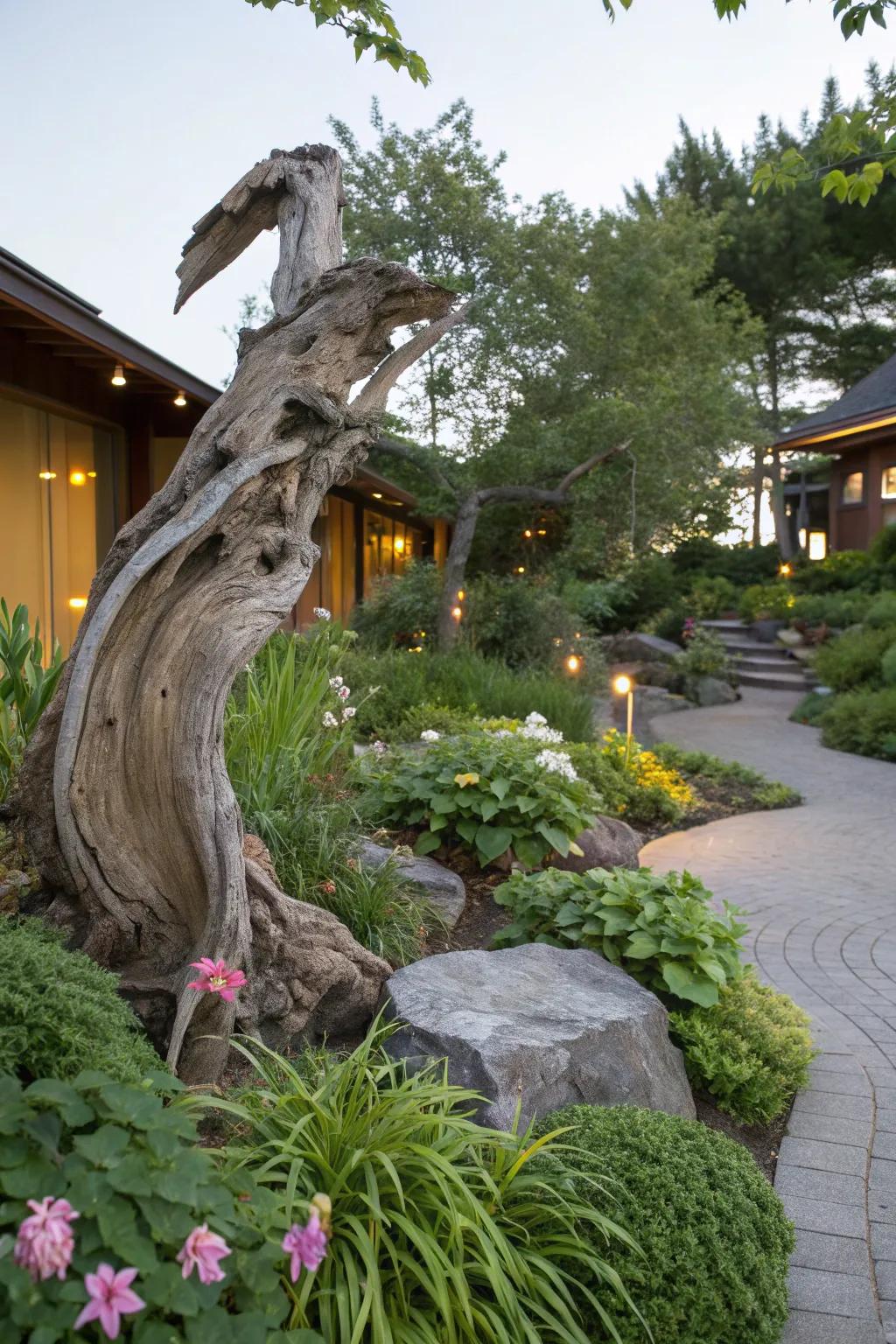 A driftwood sculpture adding a natural artistic touch to the garden.