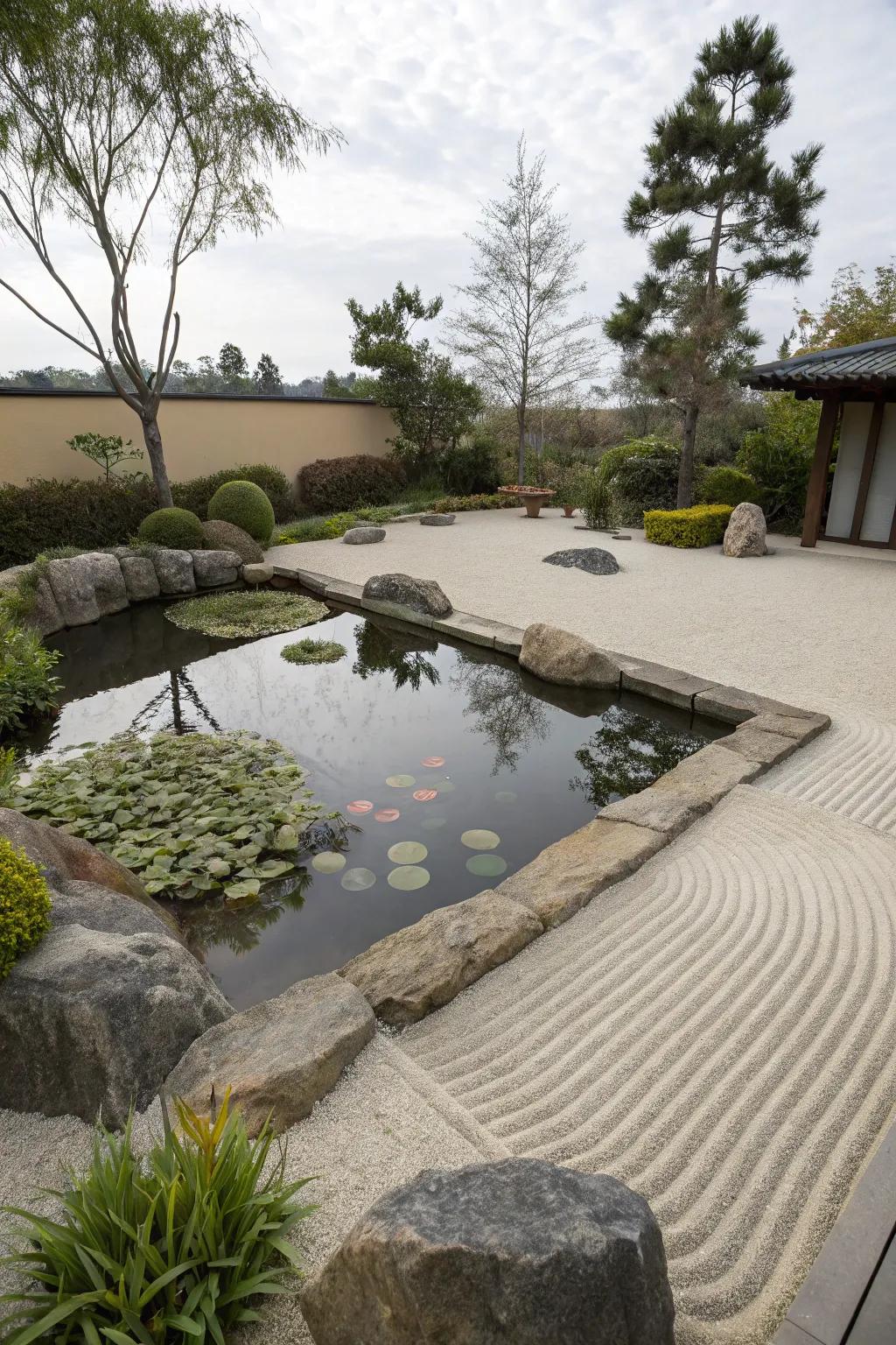 A serene preformed pond nestled within a tranquil Zen garden.