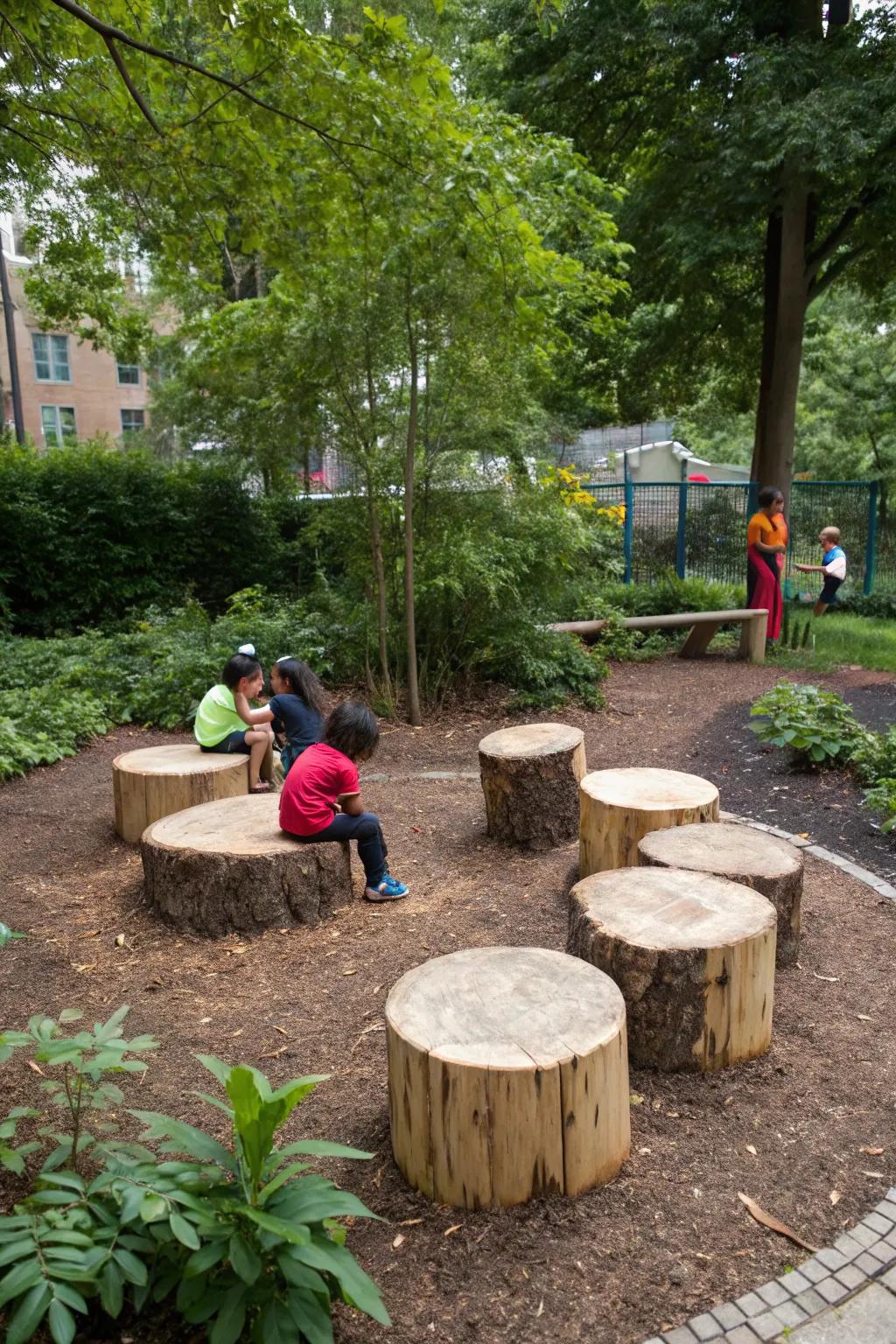 Tree stumps providing rustic seating options in a natural play setting.