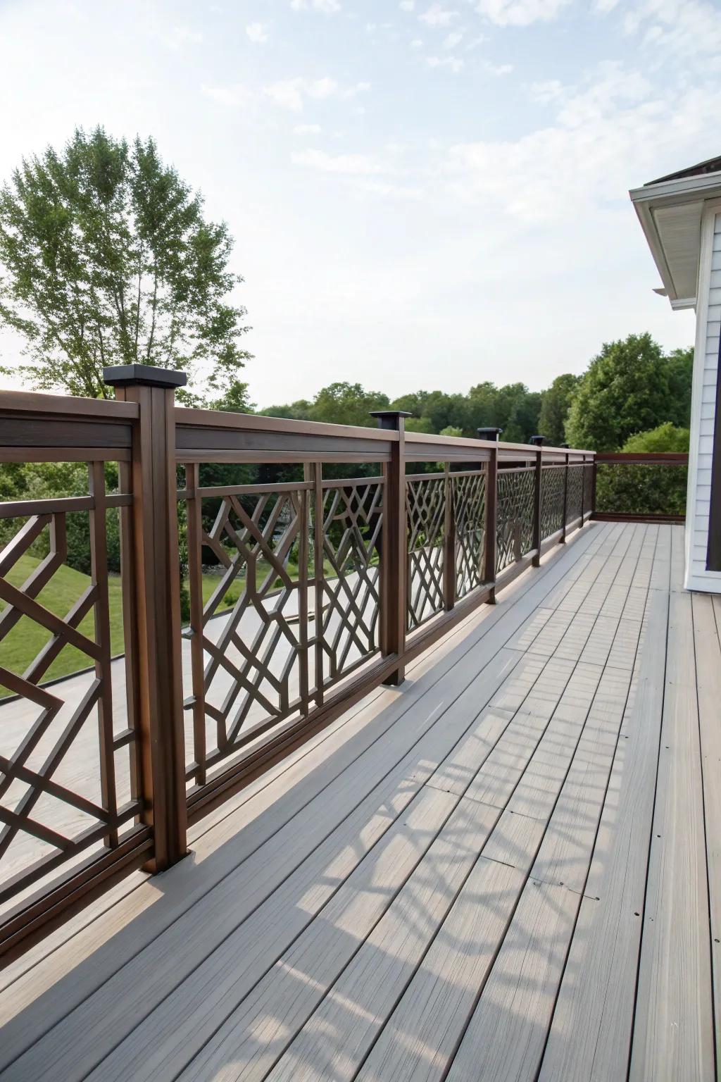 Eye-catching geometric patterns in deck railings.