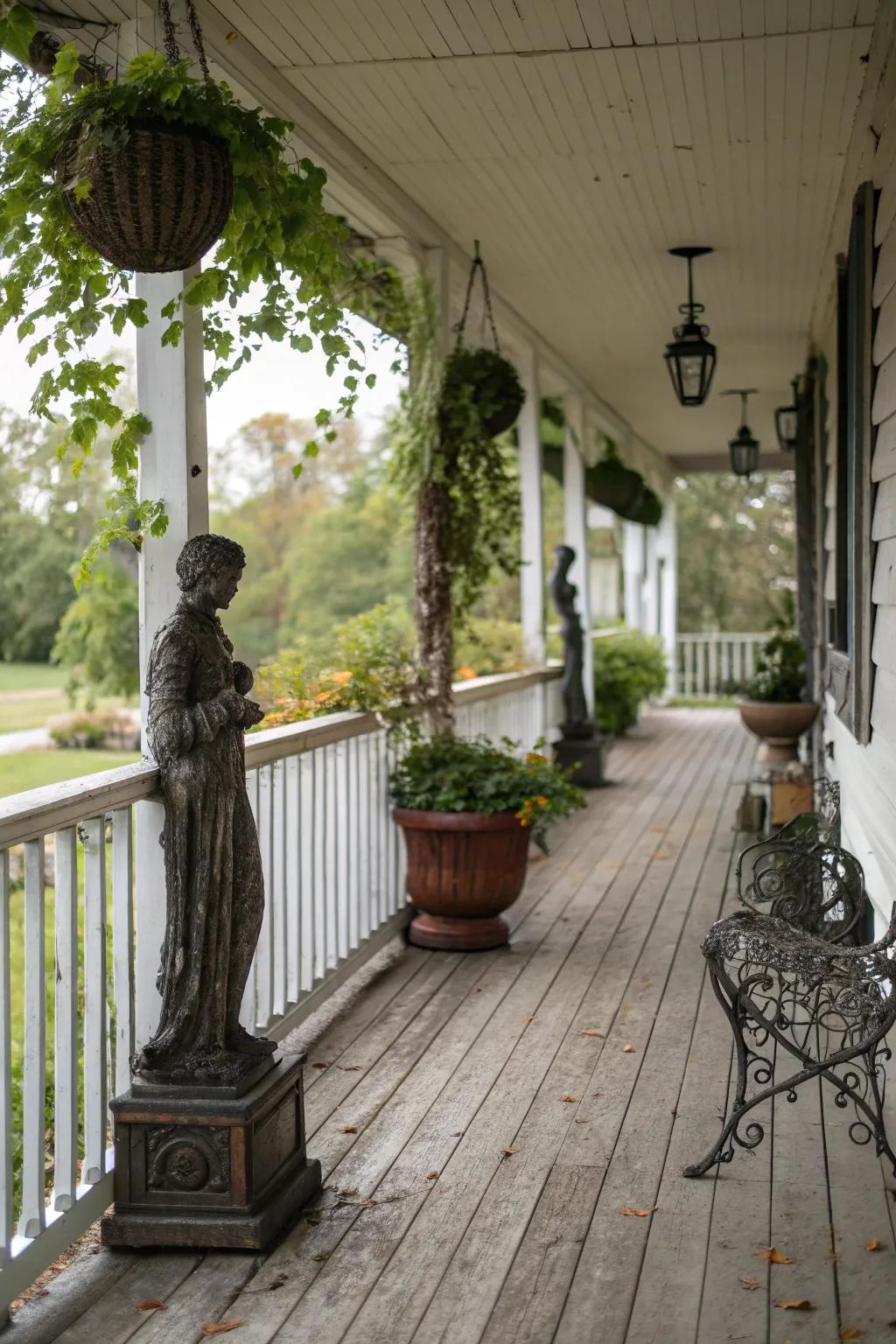 Rustic iron statues adding a vintage touch to this porch.