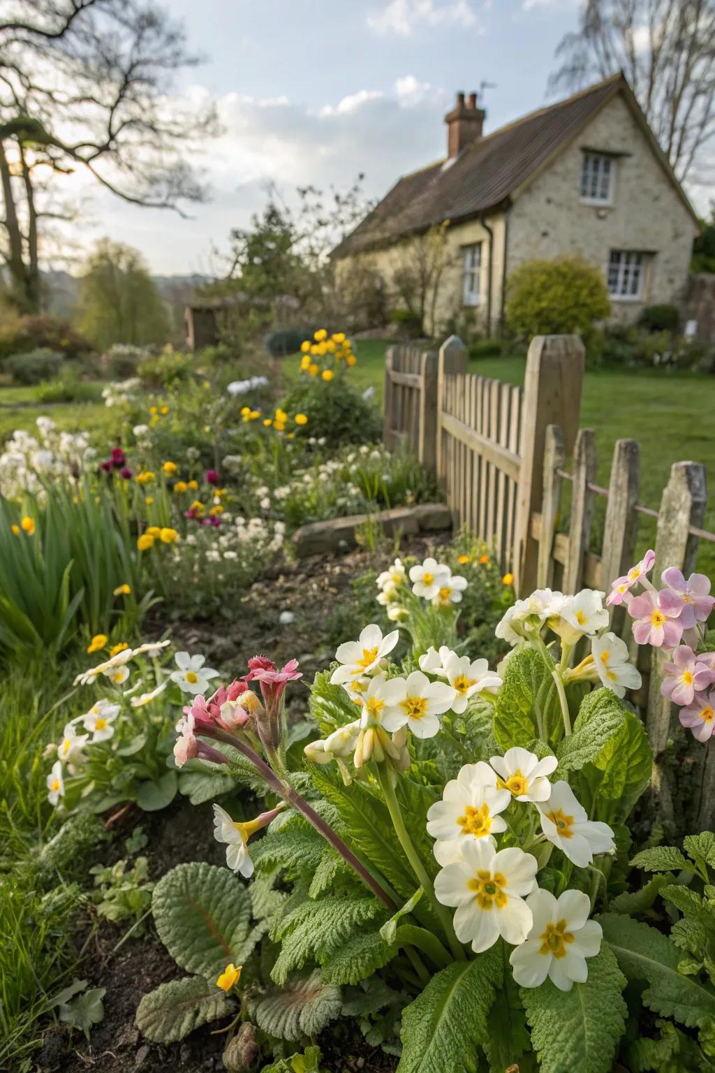 Primroses add timeless charm to a cottage garden.