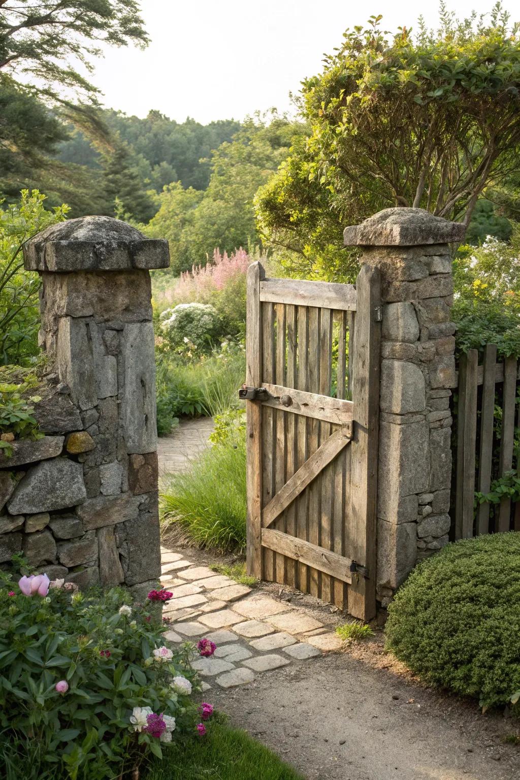A rustic gate combining stone and wood for a natural look.