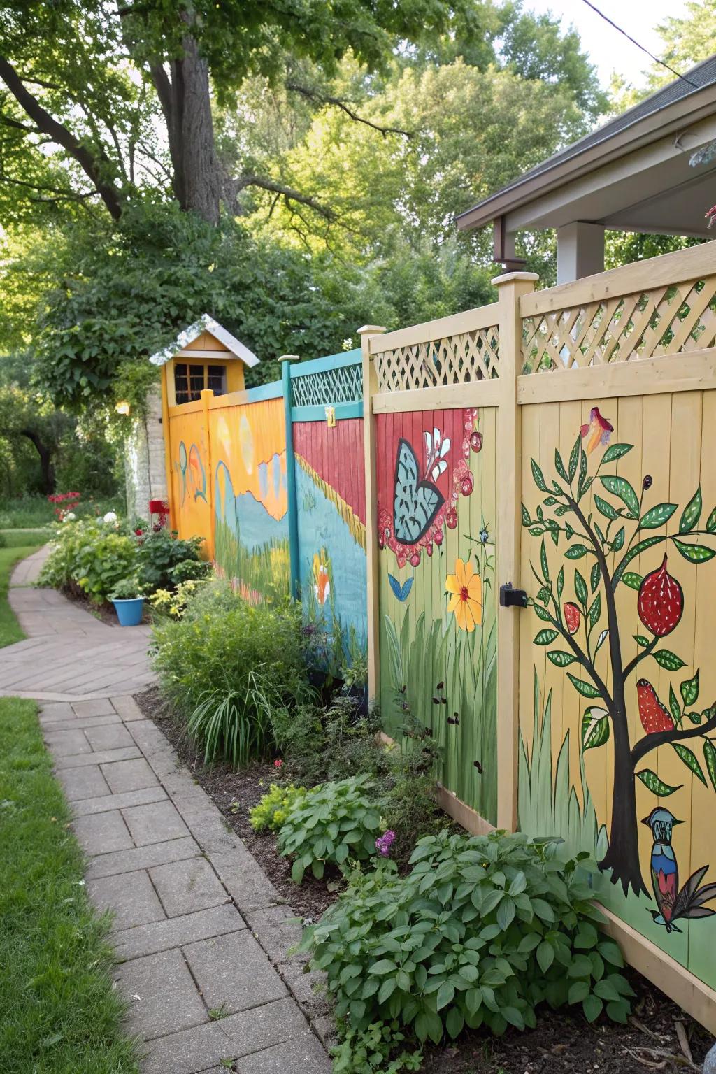 Artistic murals transforming fences into personal art pieces.