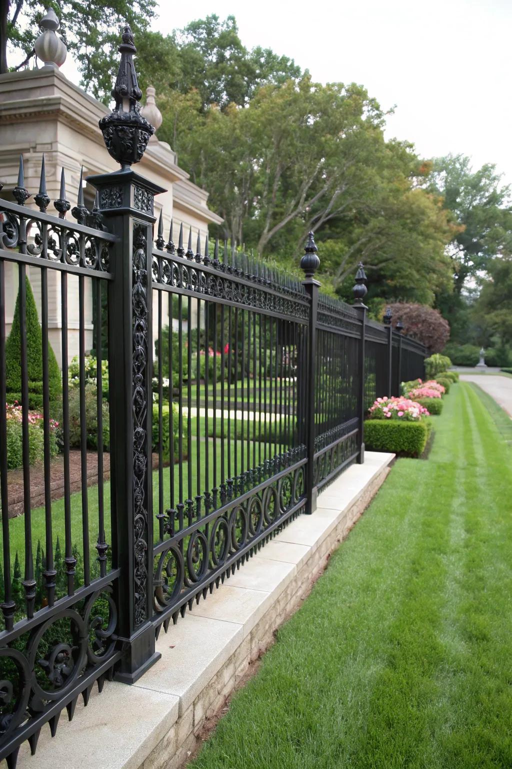 A timeless black wrought iron fence providing elegant privacy.