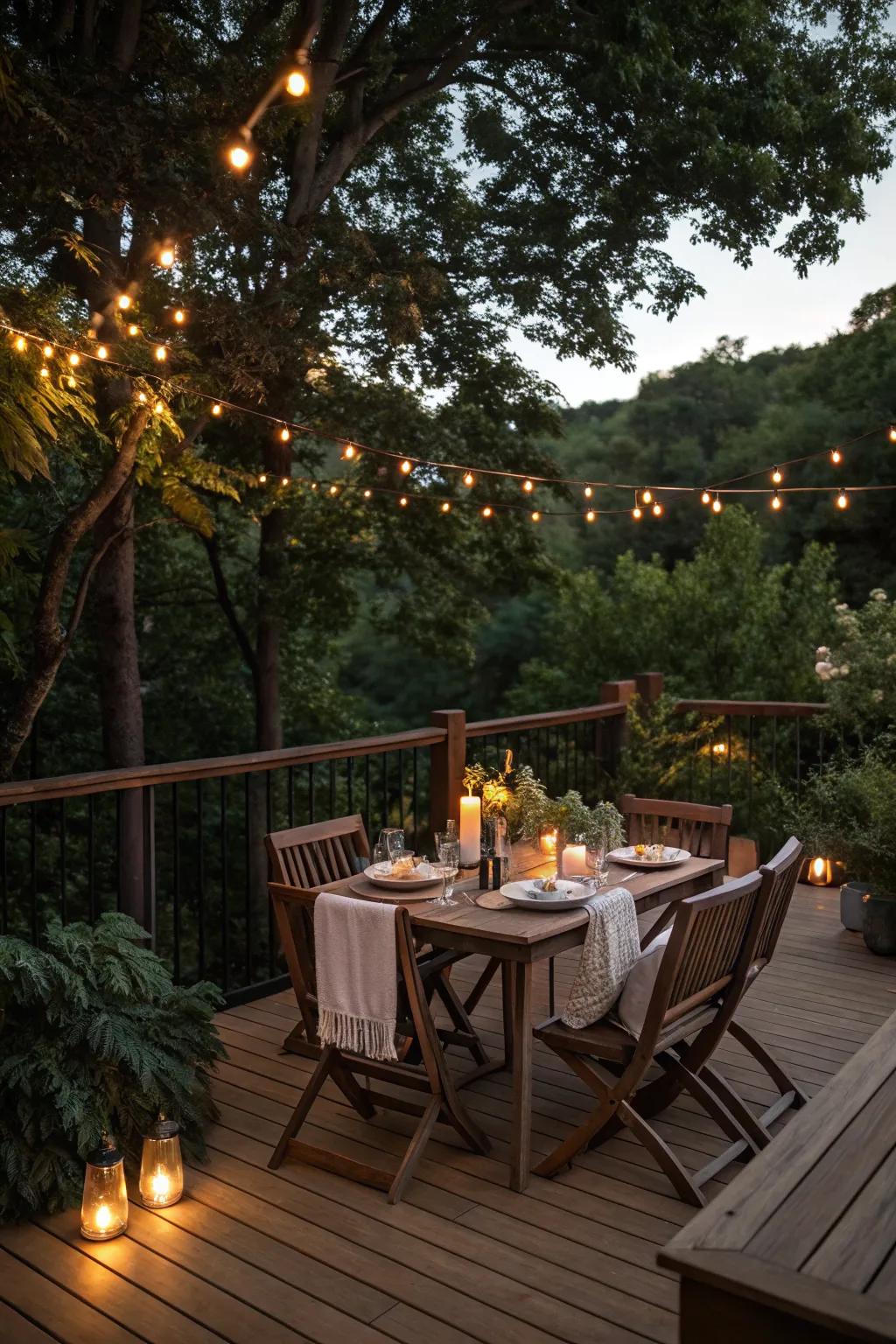 Outdoor dining areas create a private meal setting.