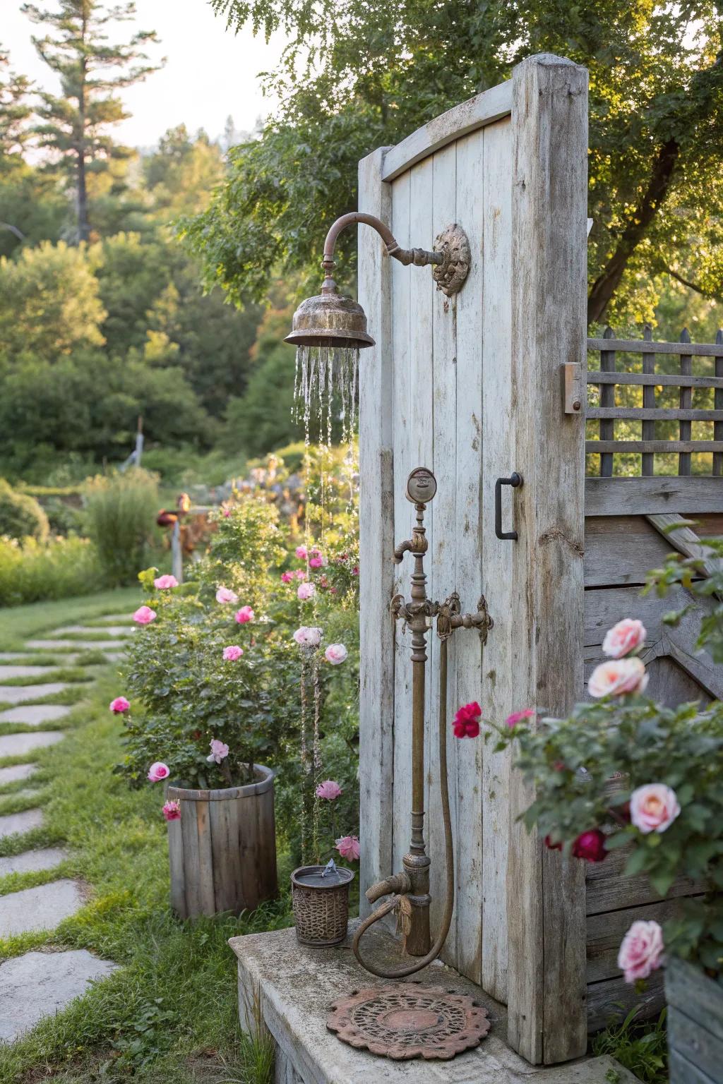 Vintage charm with antique details and weathered materials for a classic shower space.