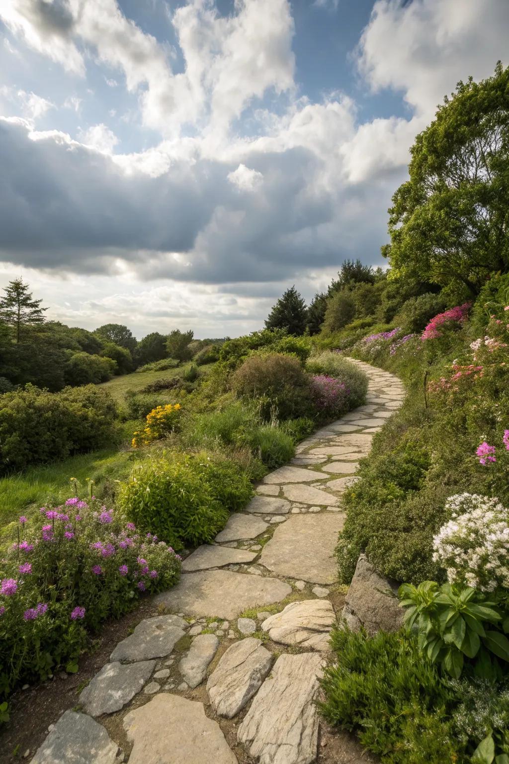 Natural stone pathways harmonize with the landscape beautifully.