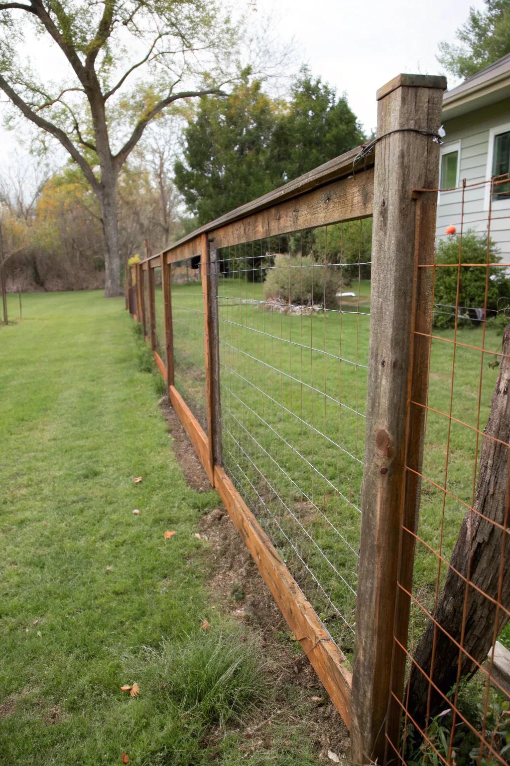 Open and airy hog wire fence with a wooden frame.