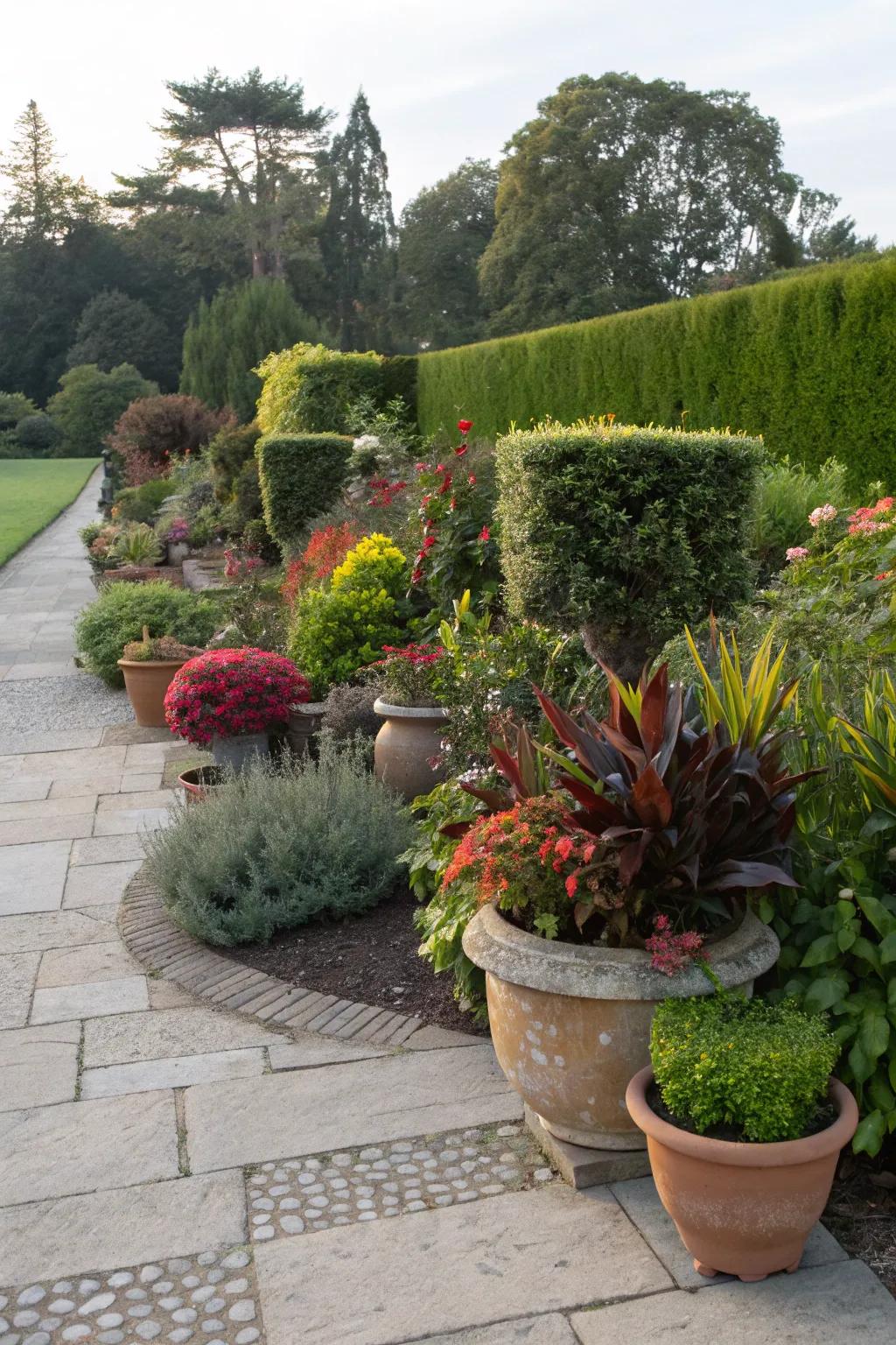 Potted plants doubling as a decorative barrier.