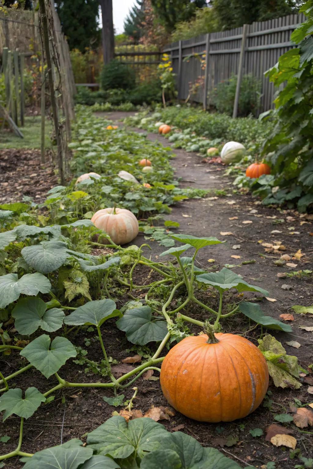 Pumpkin vines used as a natural ground cover, enhancing garden greenery.