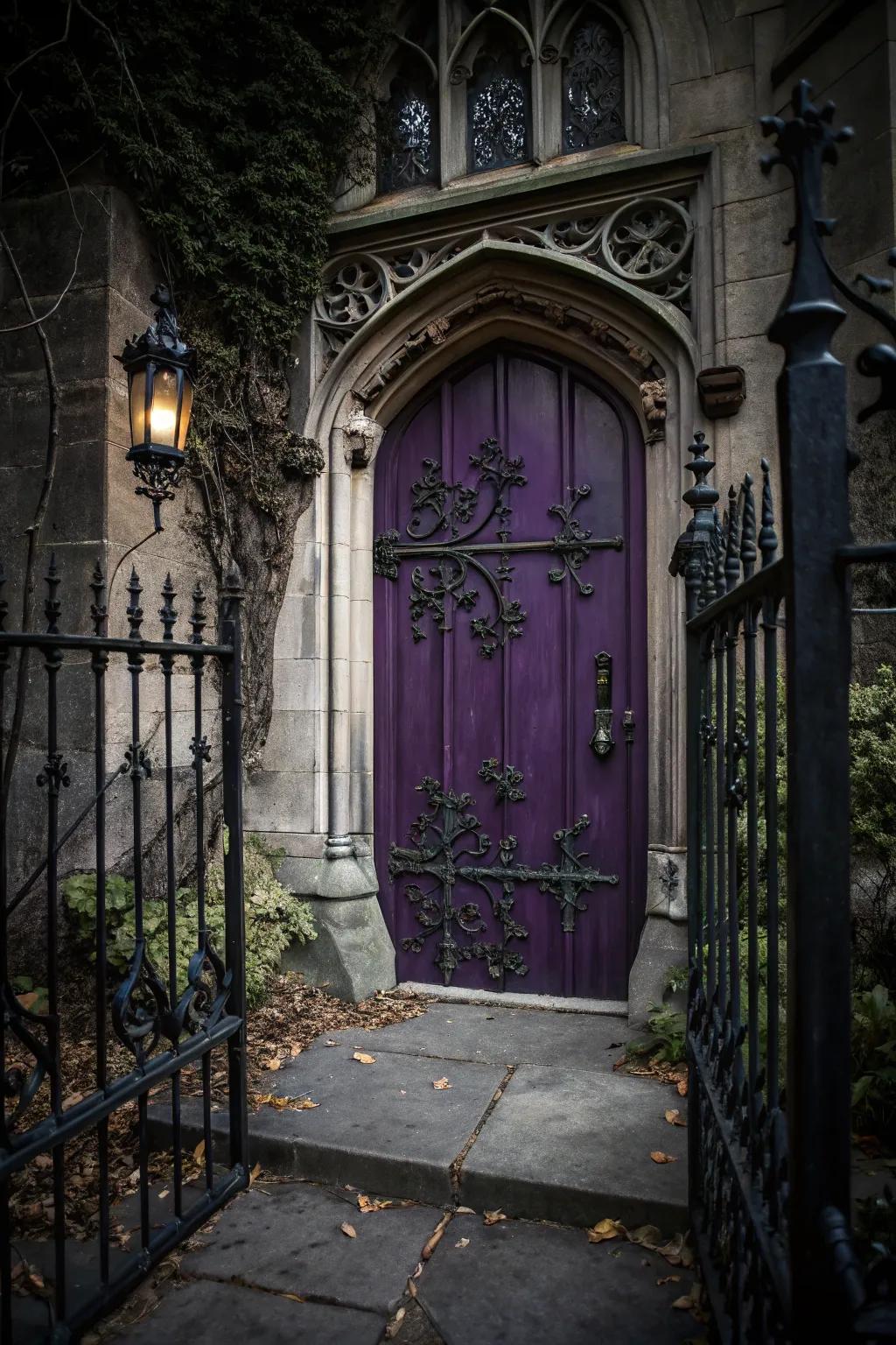 Dark purple doors with gothic elements add drama and elegance.