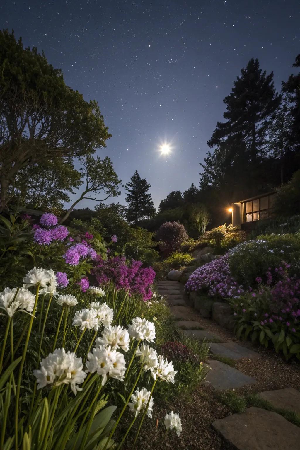 A serene moon garden with glowing white and purple blooms.