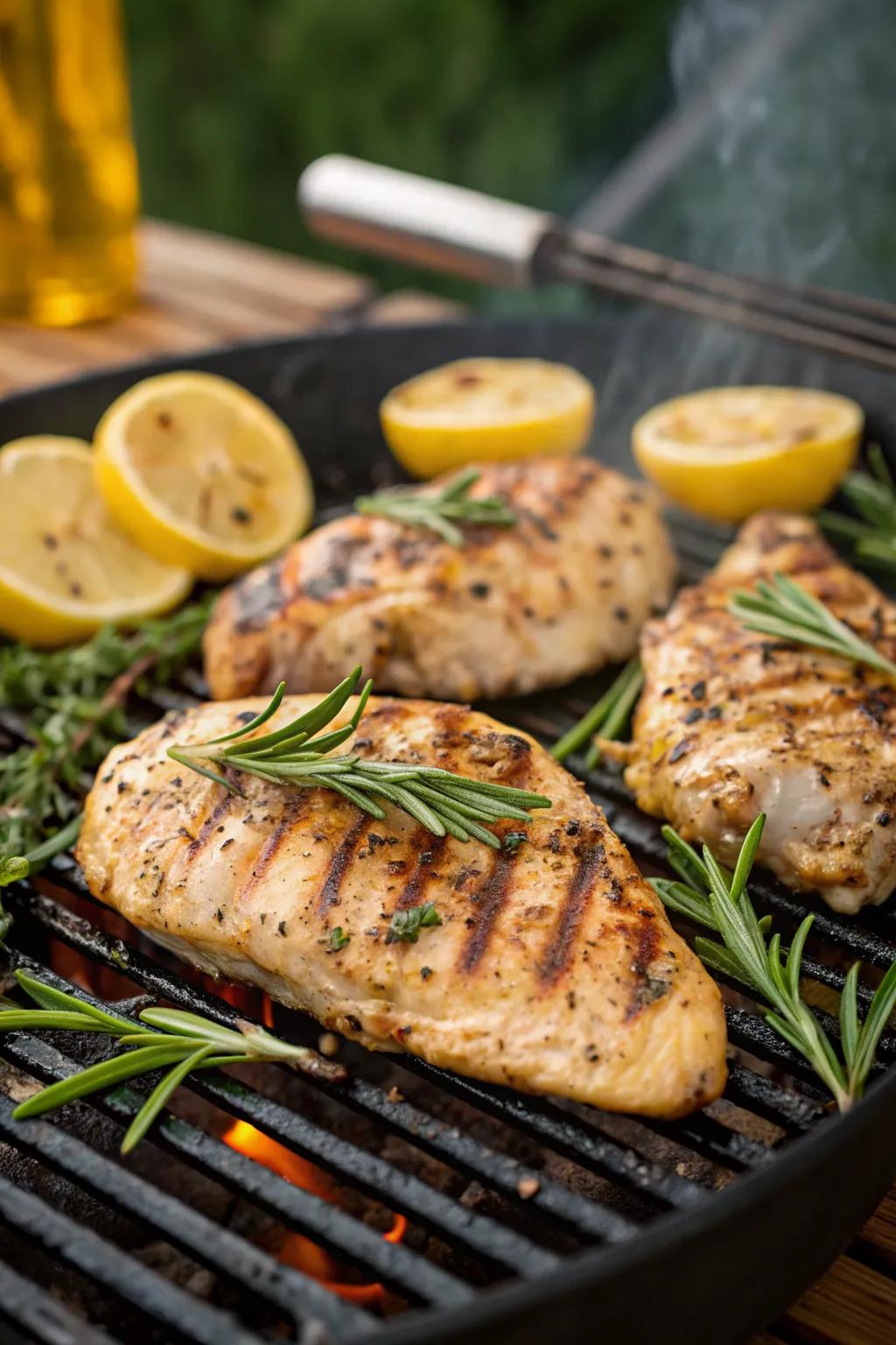 Zesty lemon herb chicken breasts sizzling on the grill.