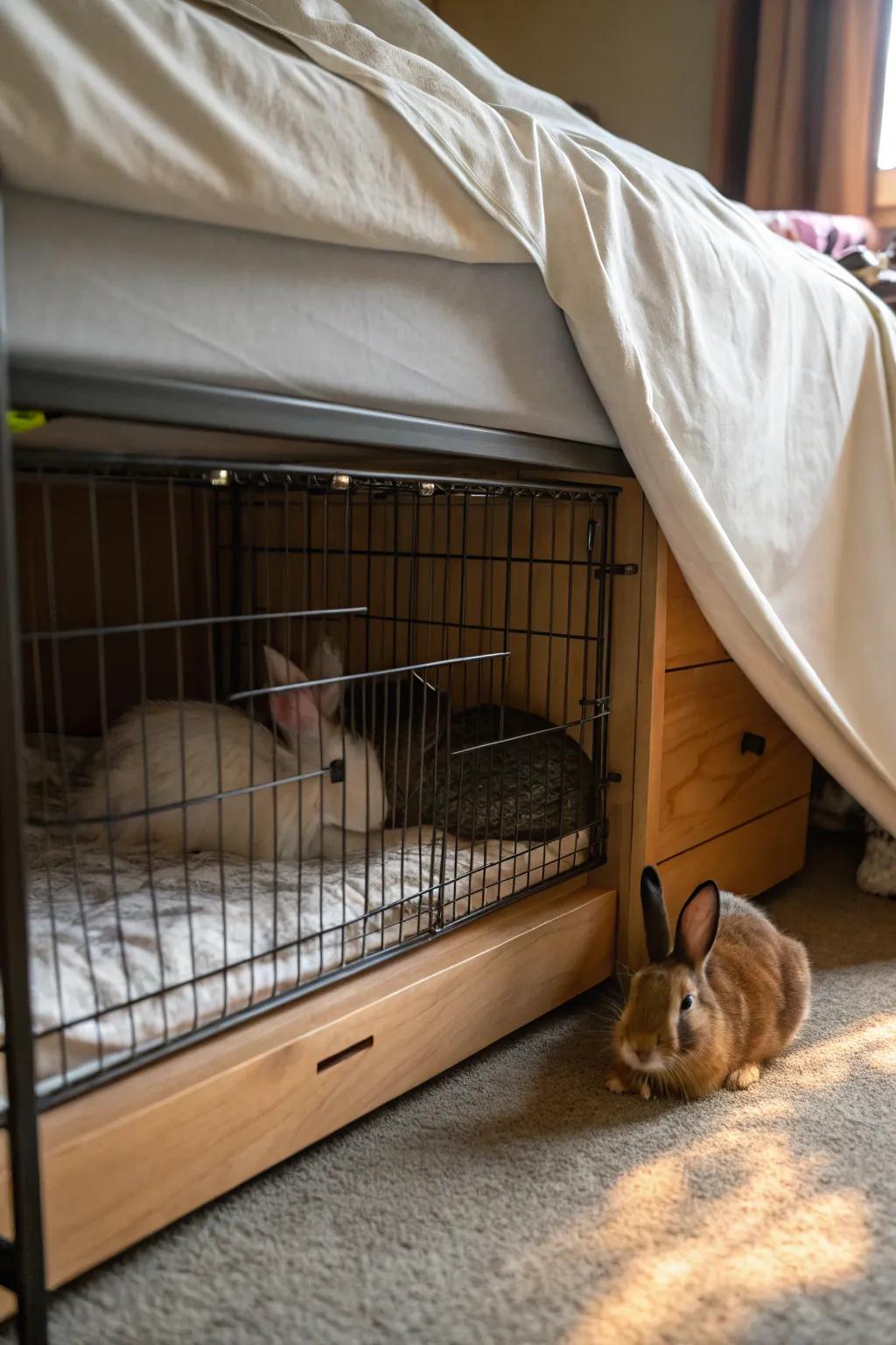 An under-bed rabbit hideaway for space-saving comfort.