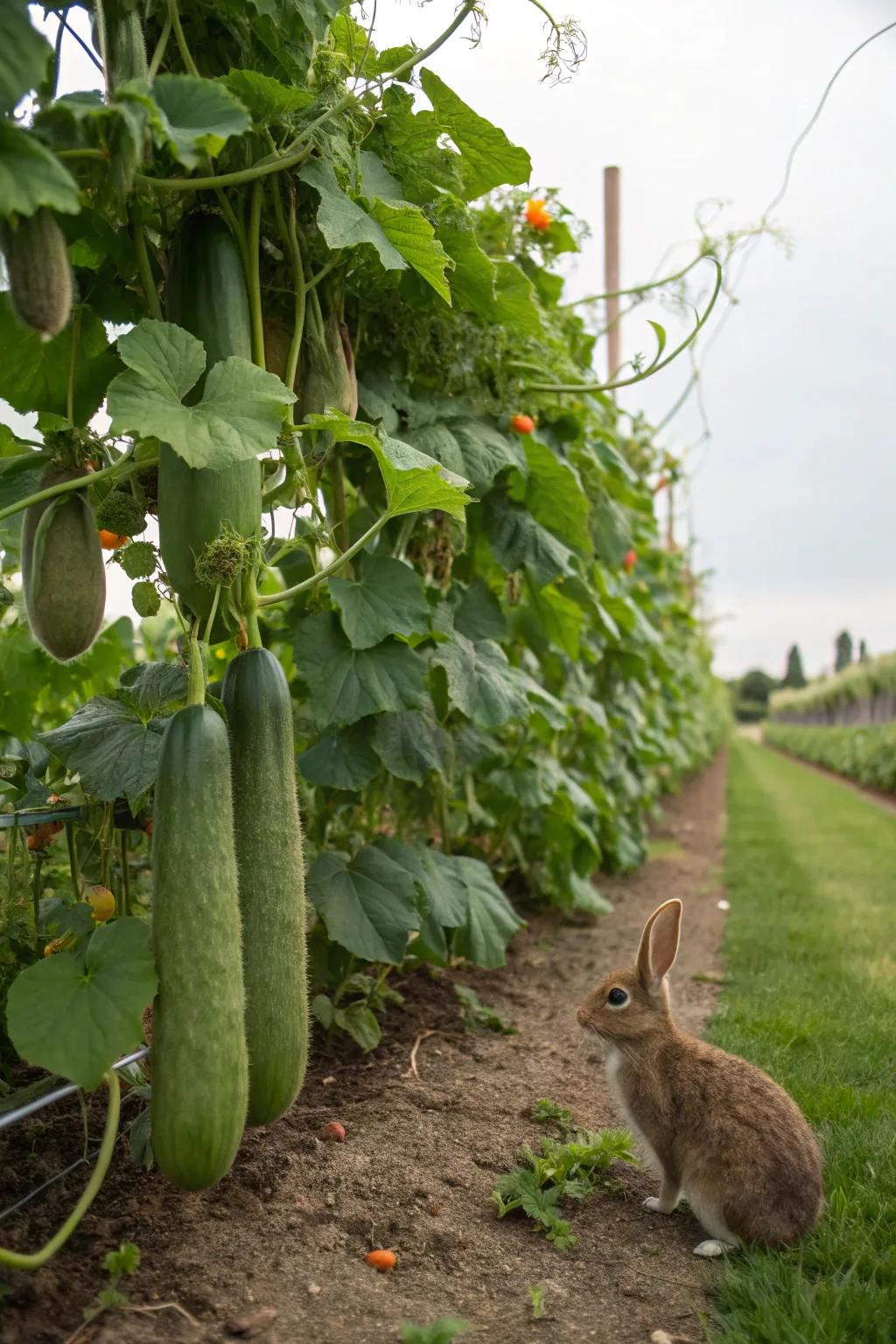 Cucumbers growing lushly, offering a crunchy snack.