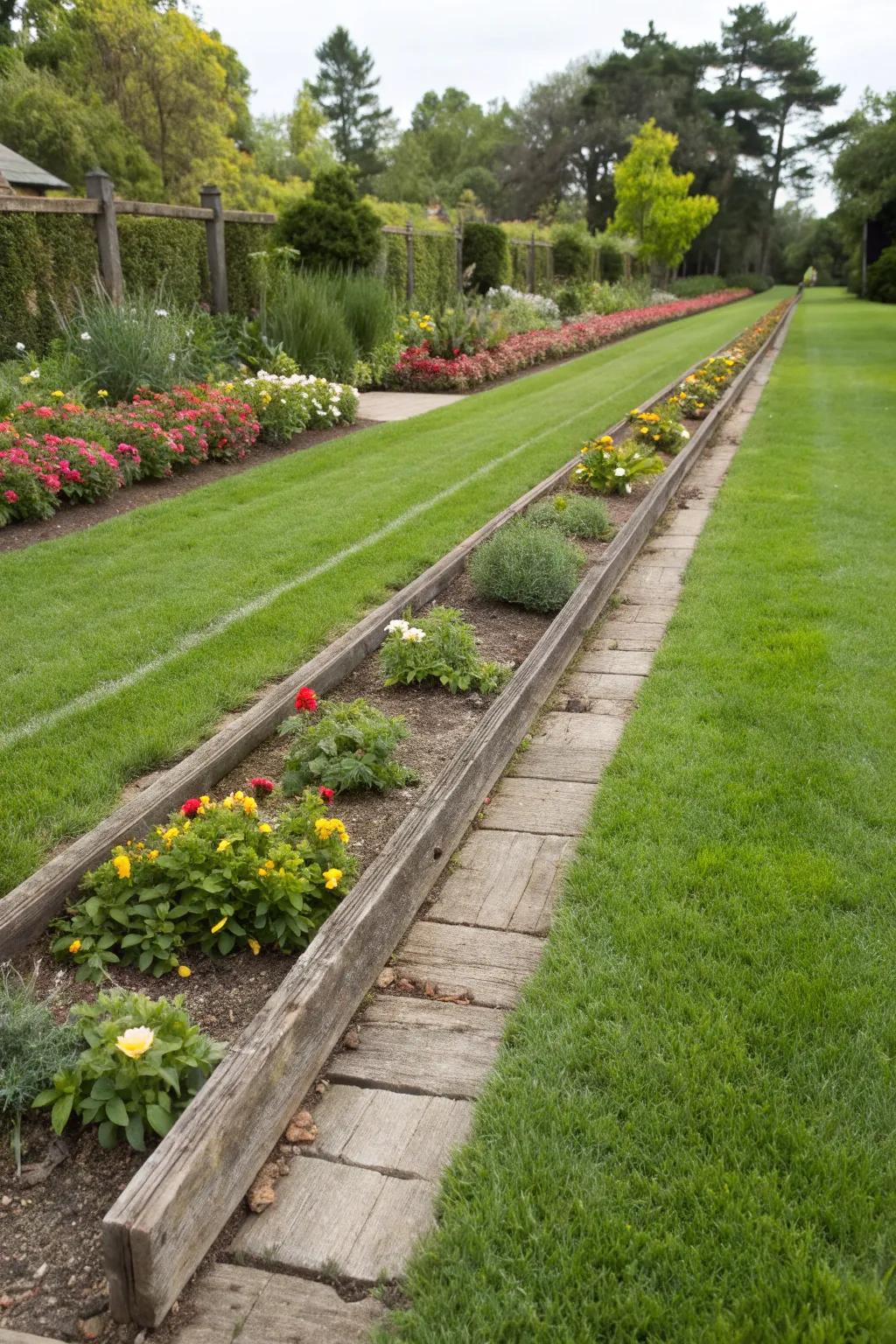 Neatly edged lawn using railroad ties.