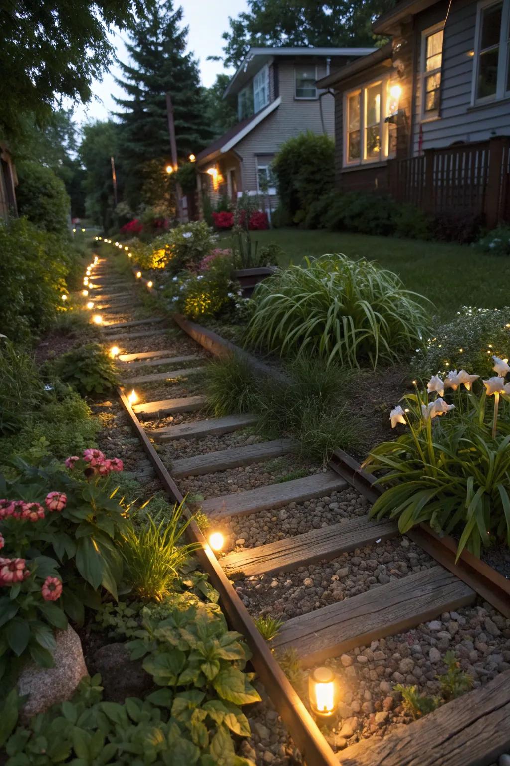 Light up your garden nights with railroad tie accents.