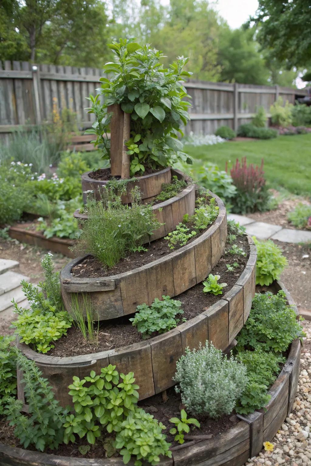 A functional and charming herb spiral made from railroad ties, teeming with fresh herbs.