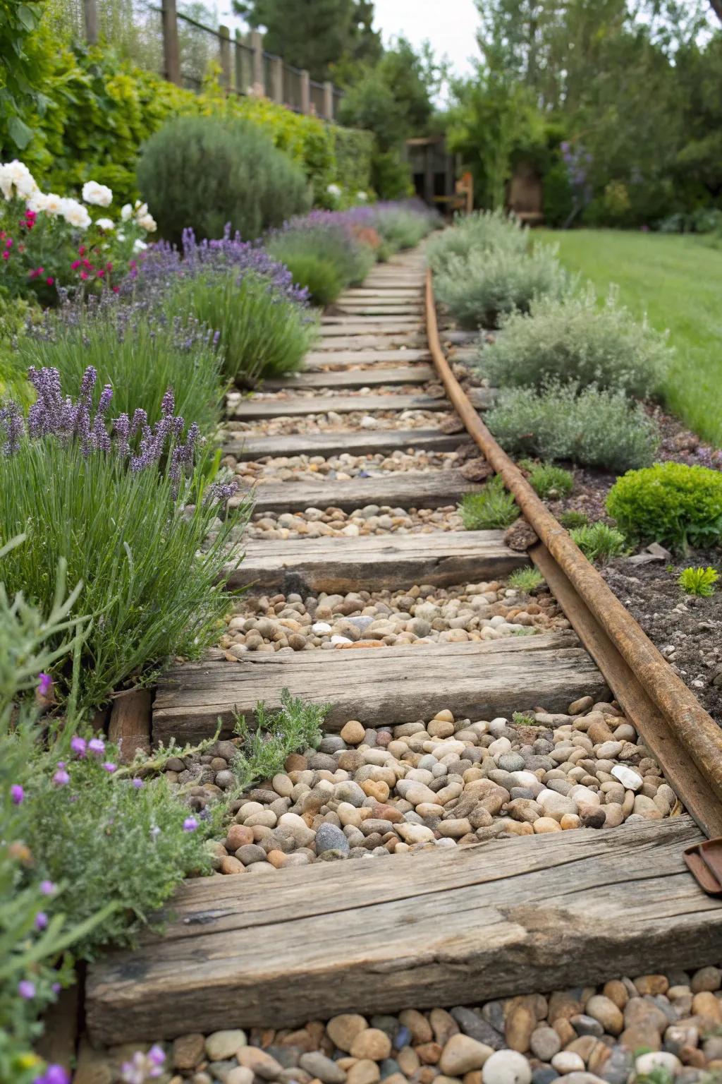 Railroad ties in a sensory garden for texture and interest.