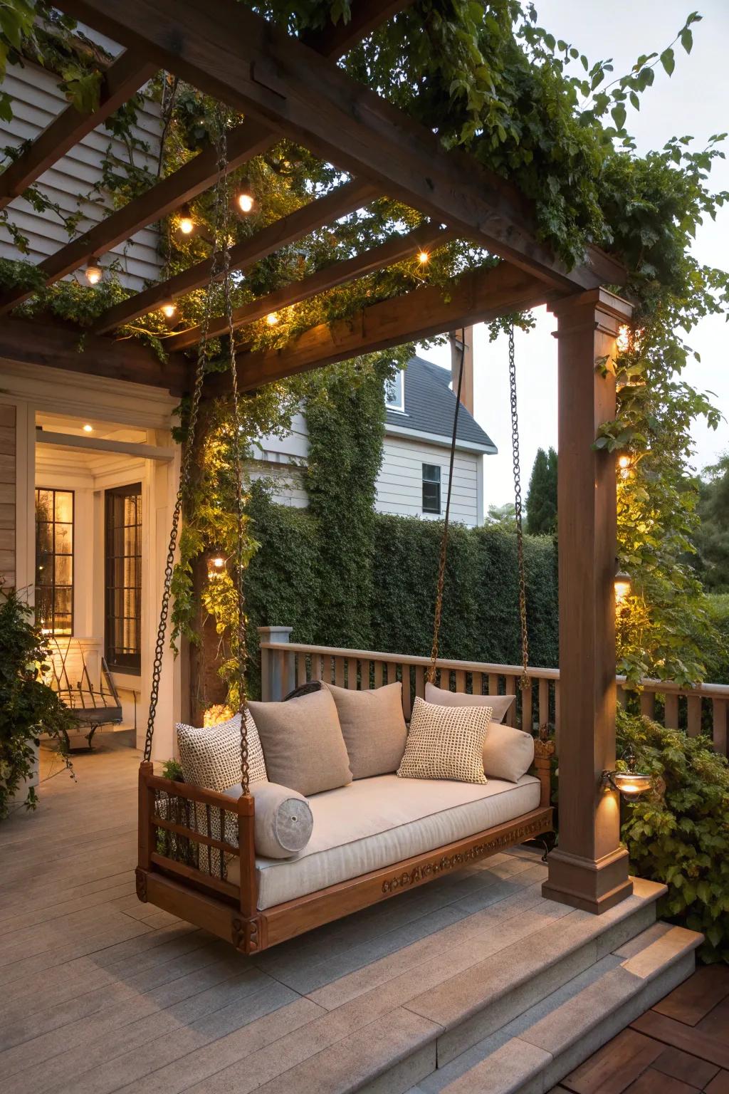 A raised porch featuring a cozy swing with comfortable cushions.