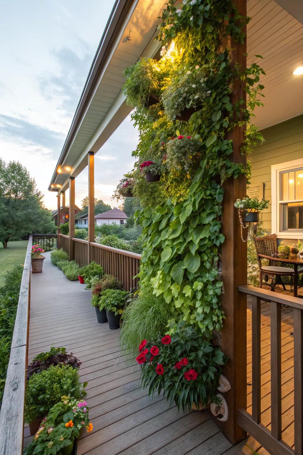 A lush vertical garden maximizing space on a raised porch.