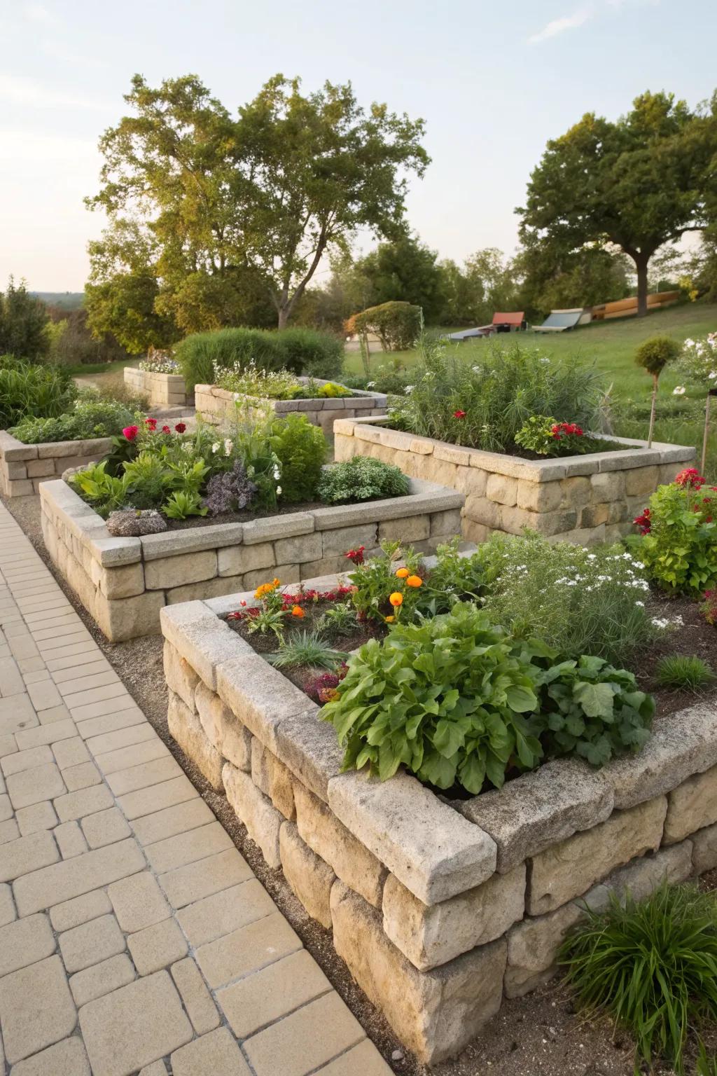 Stone block beds offer durability and a touch of rustic charm.