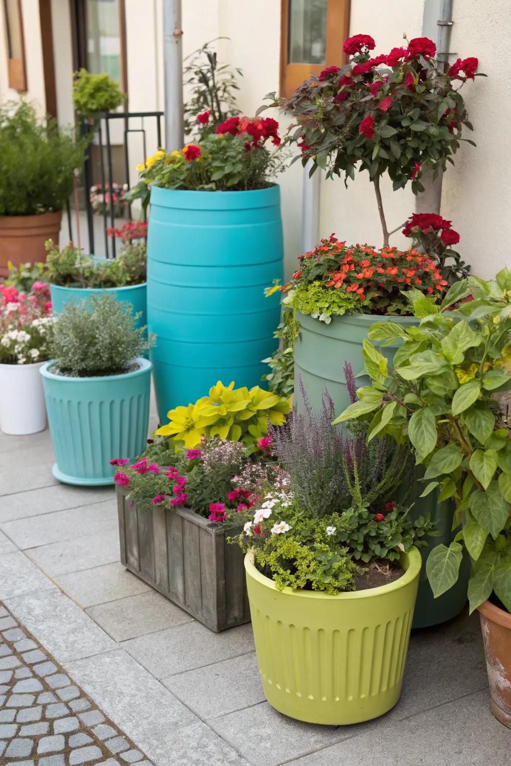 A mix of containers provides flexibility and variety in garden design.
