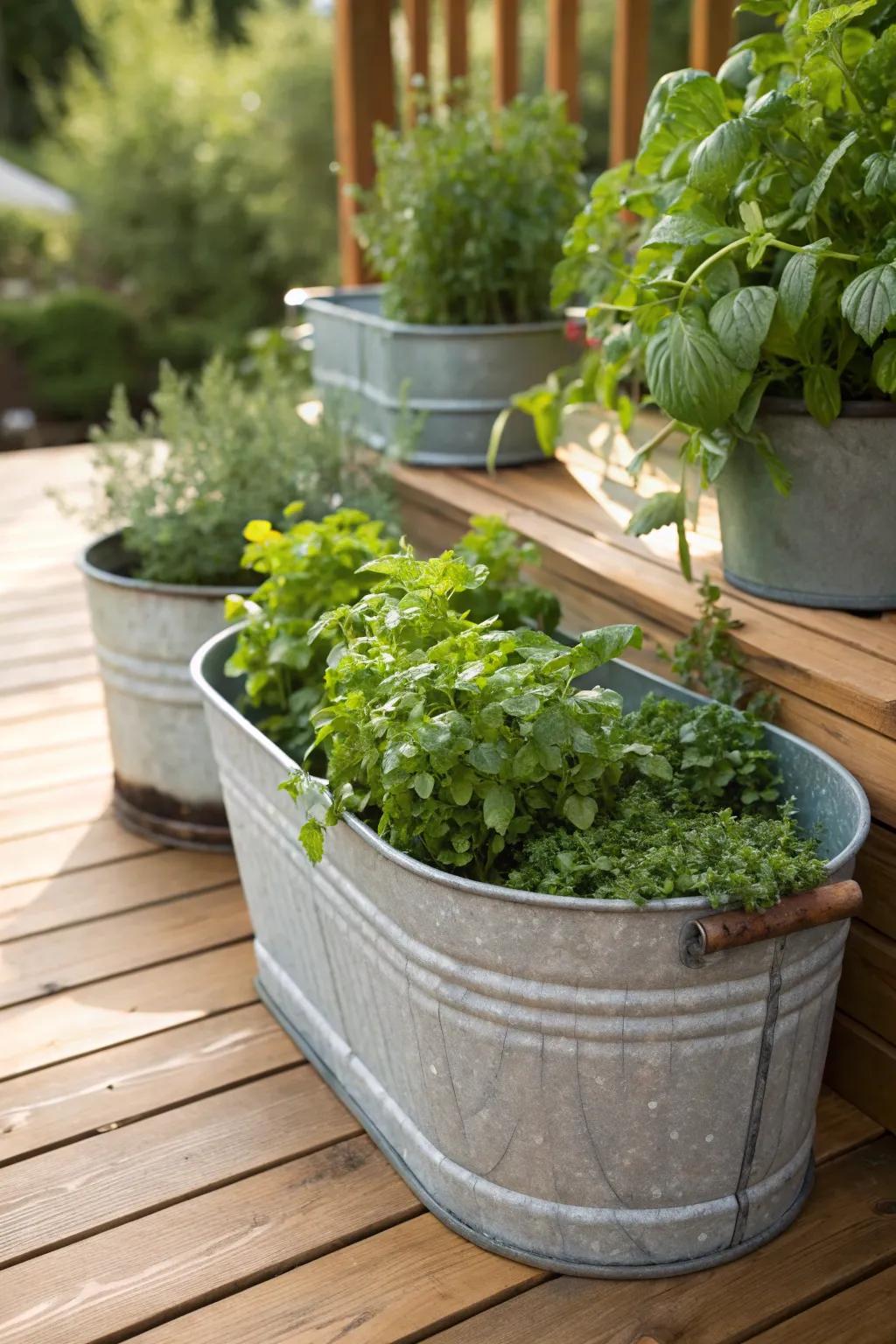 Sleek galvanized steel tubs for a contemporary herb garden.