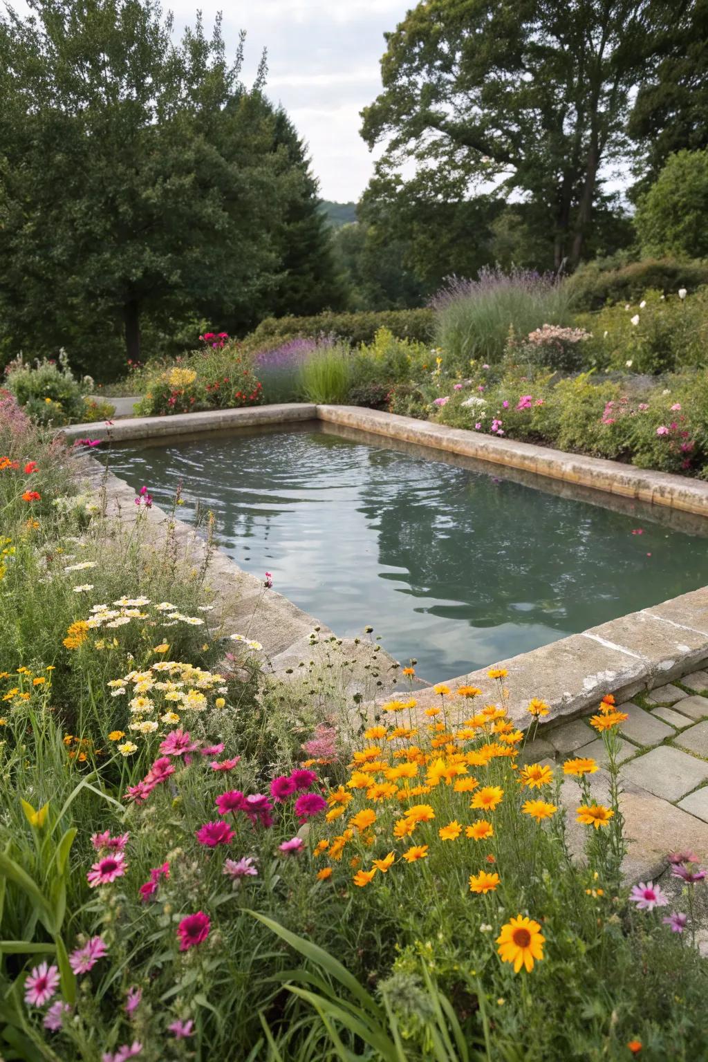 Wildflowers create a colorful, inviting edge to this raised pond.