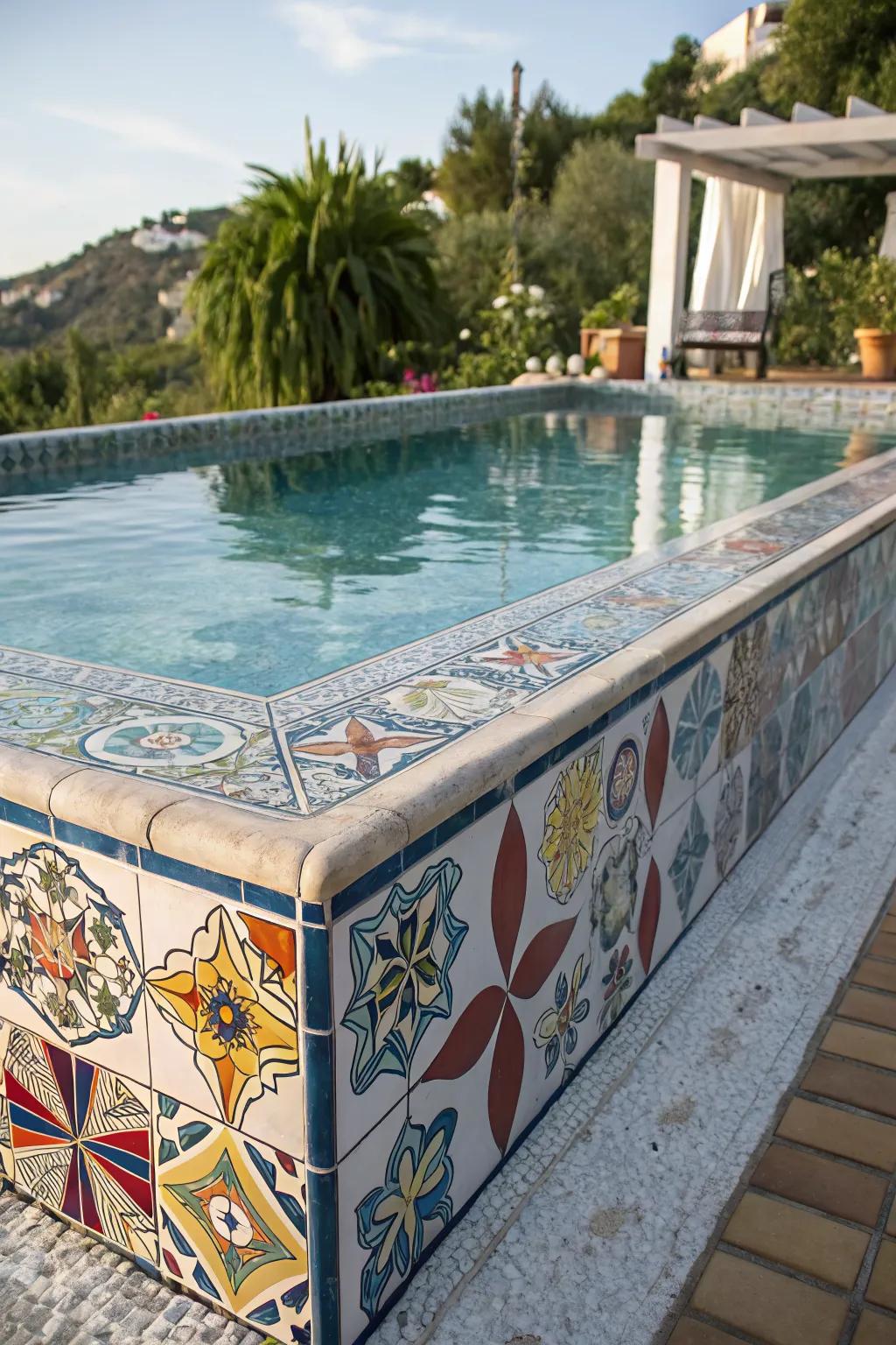 A raised pool adorned with a beautiful tile mosaic, adding artistic flair.