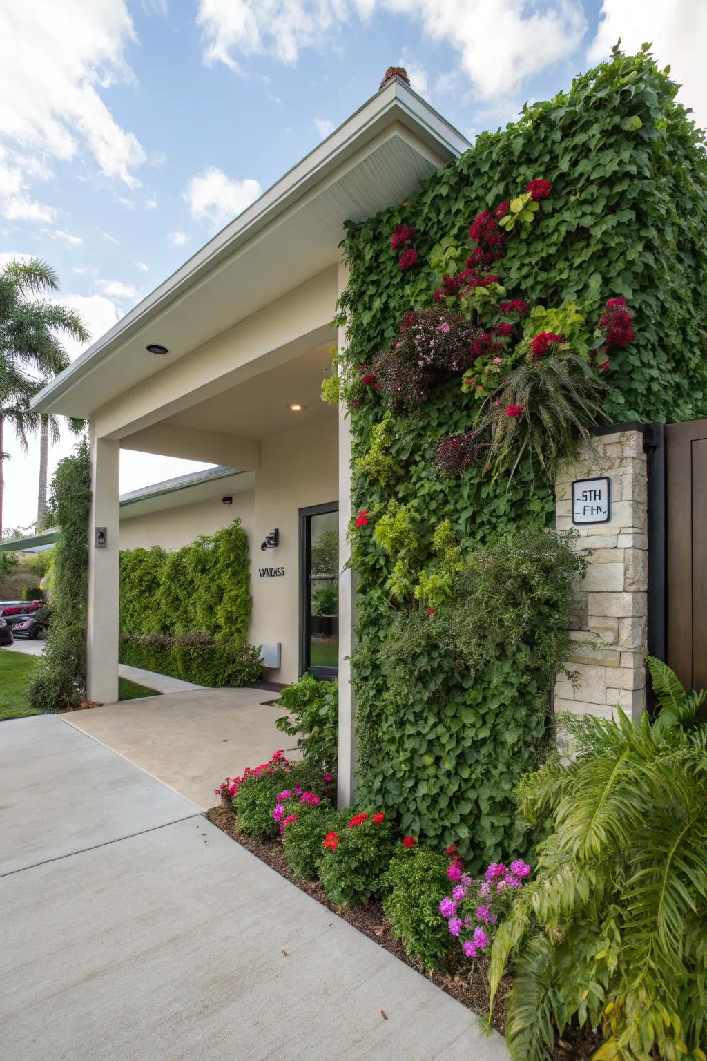 A raised ranch entrance enhanced by a lush vertical garden.