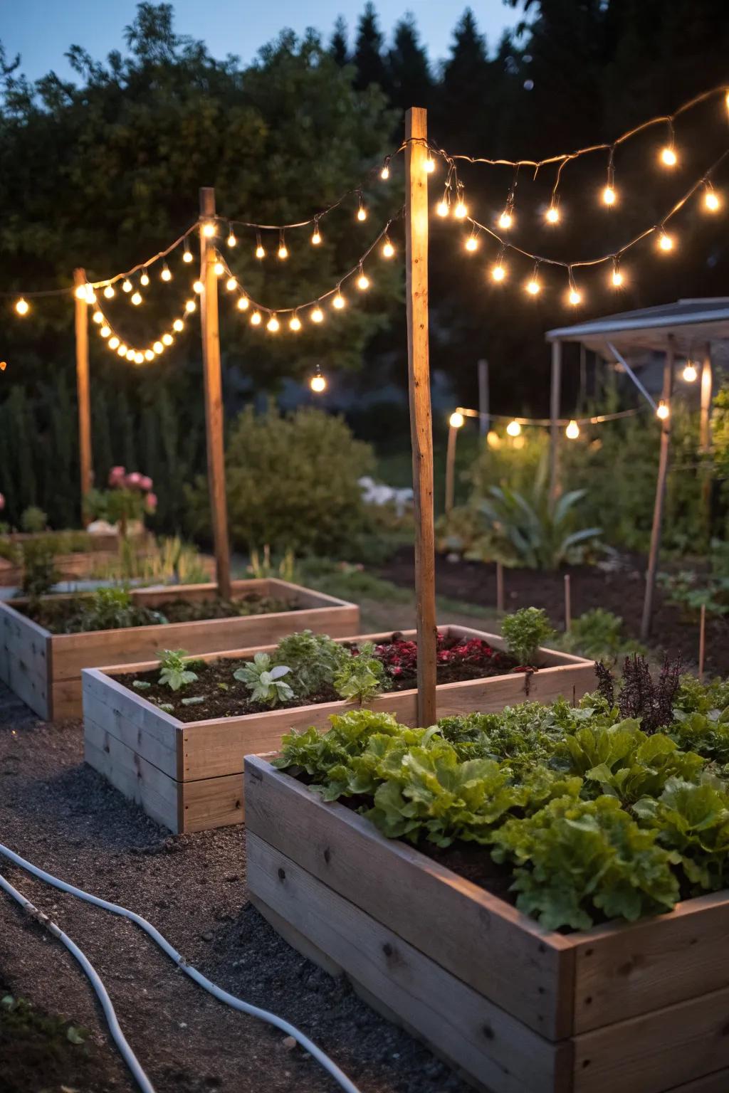 String lights draped over raised garden beds creating a magical evening glow.