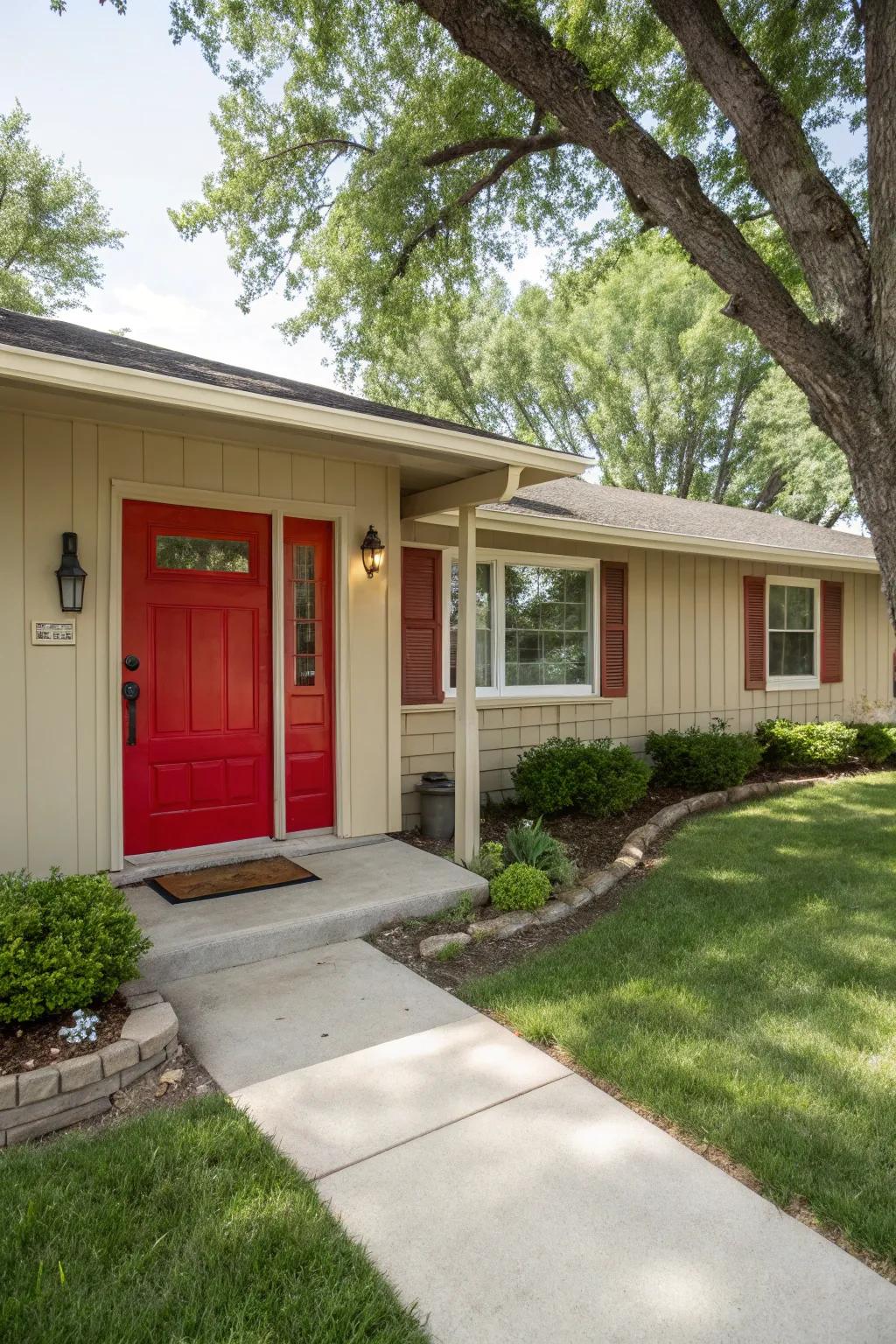 A colorful front door adds a cheerful focal point.