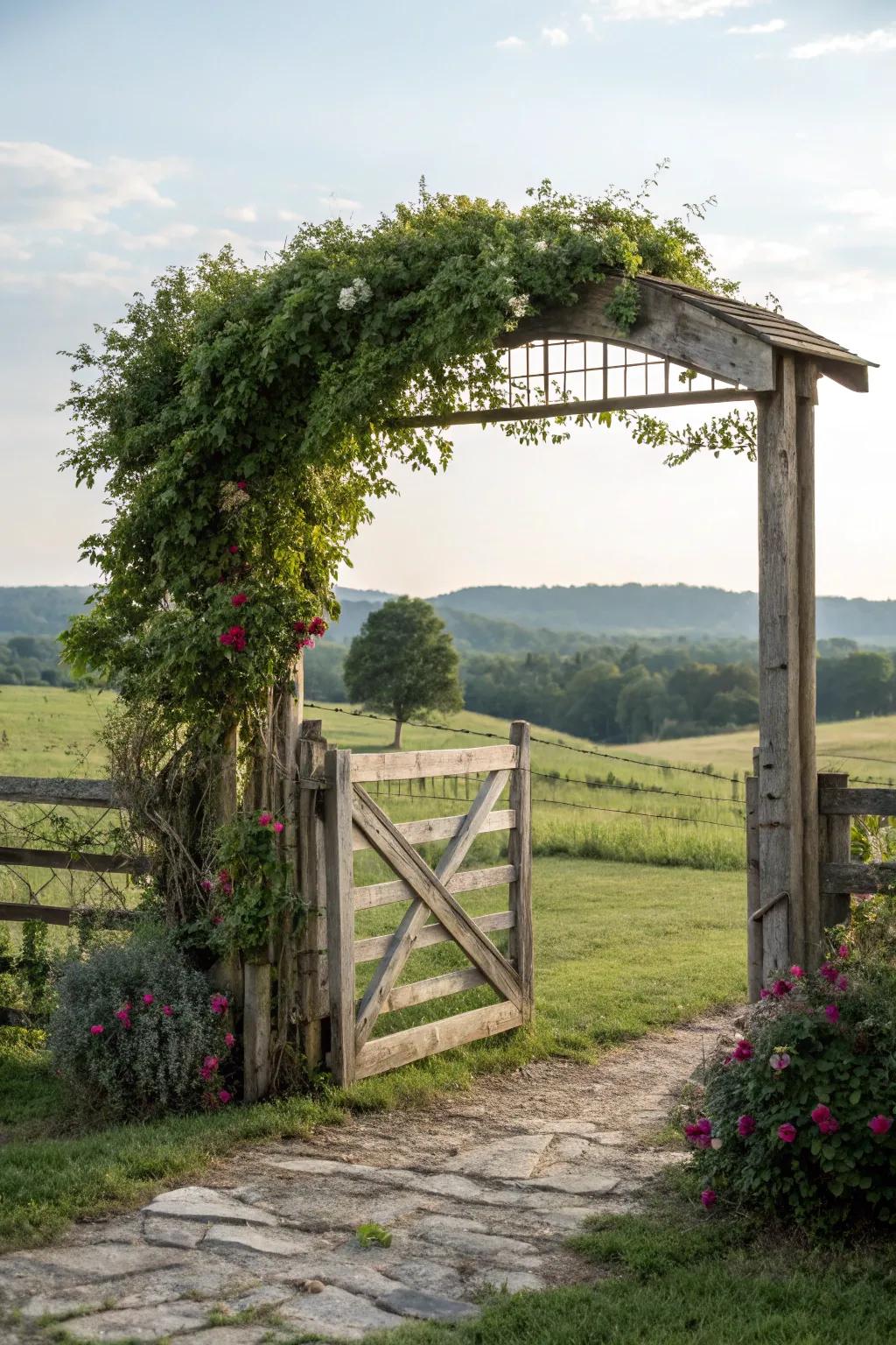 A living archway with climbing plants adds a whimsical touch.