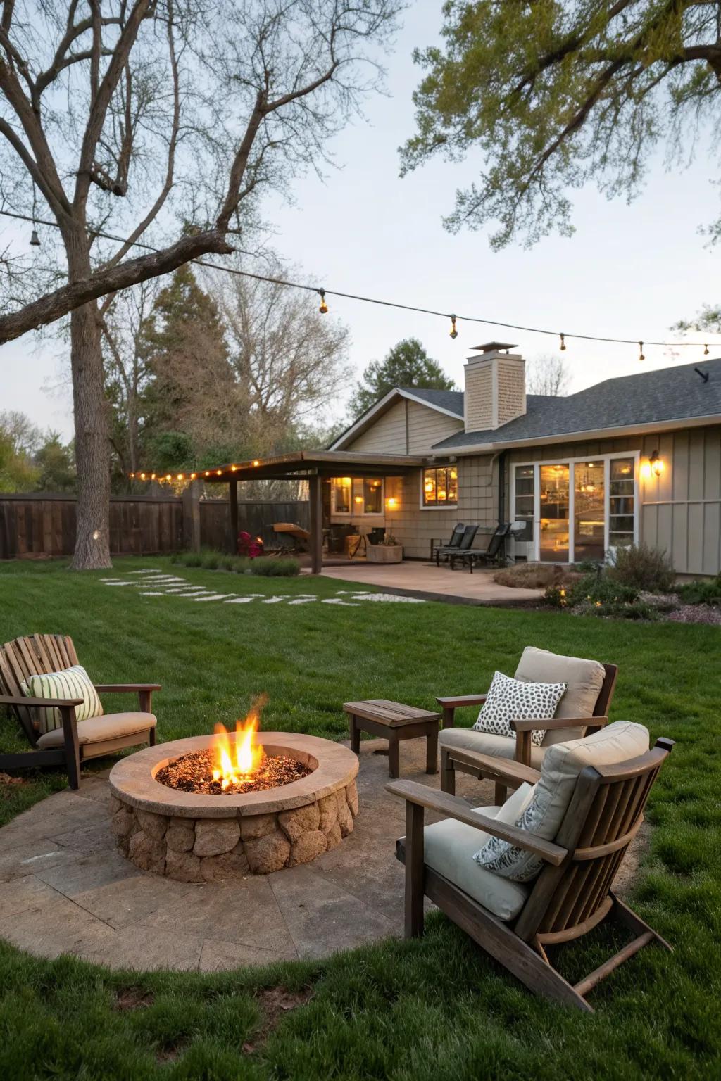 A fire pit area becomes a year-round gathering spot.
