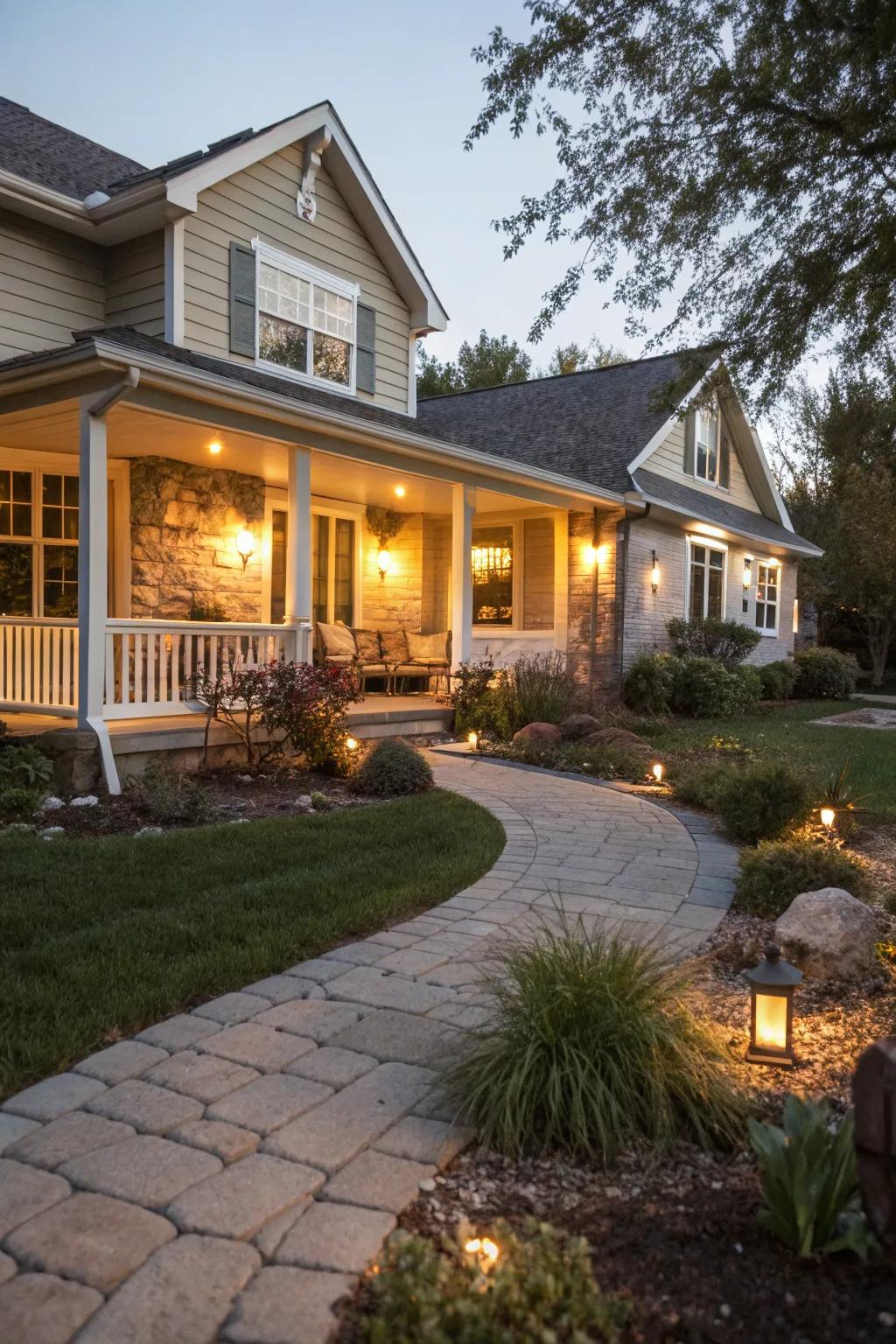 Outdoor lighting enhances the evening ambiance and safety.