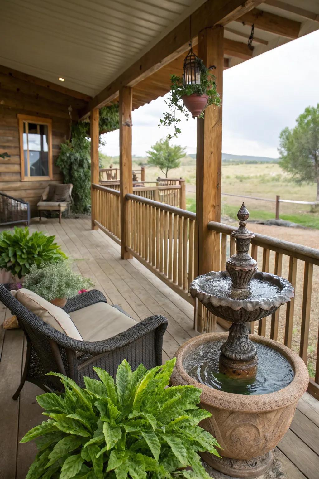 A water feature adds tranquility to this ranch house porch.