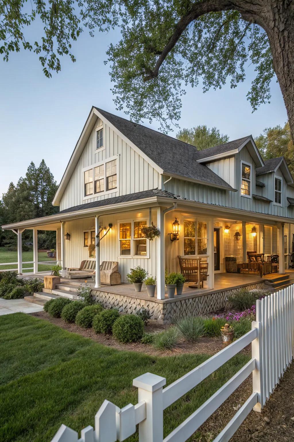 Board and batten siding adds textured character.