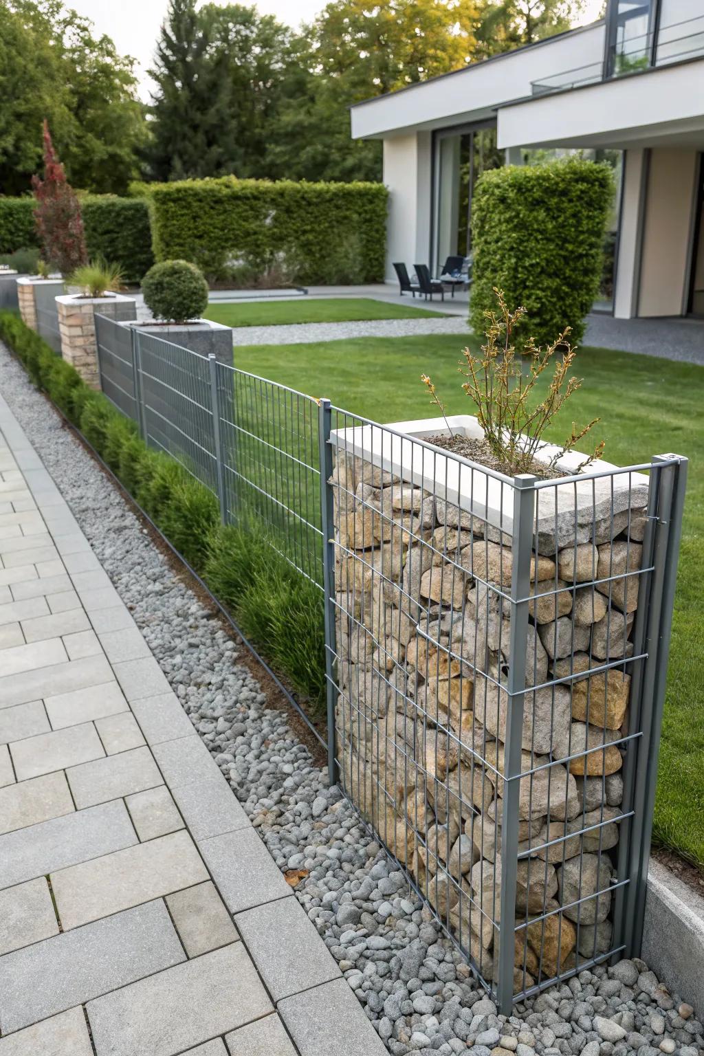 Gabion fences combine modern design with natural materials.