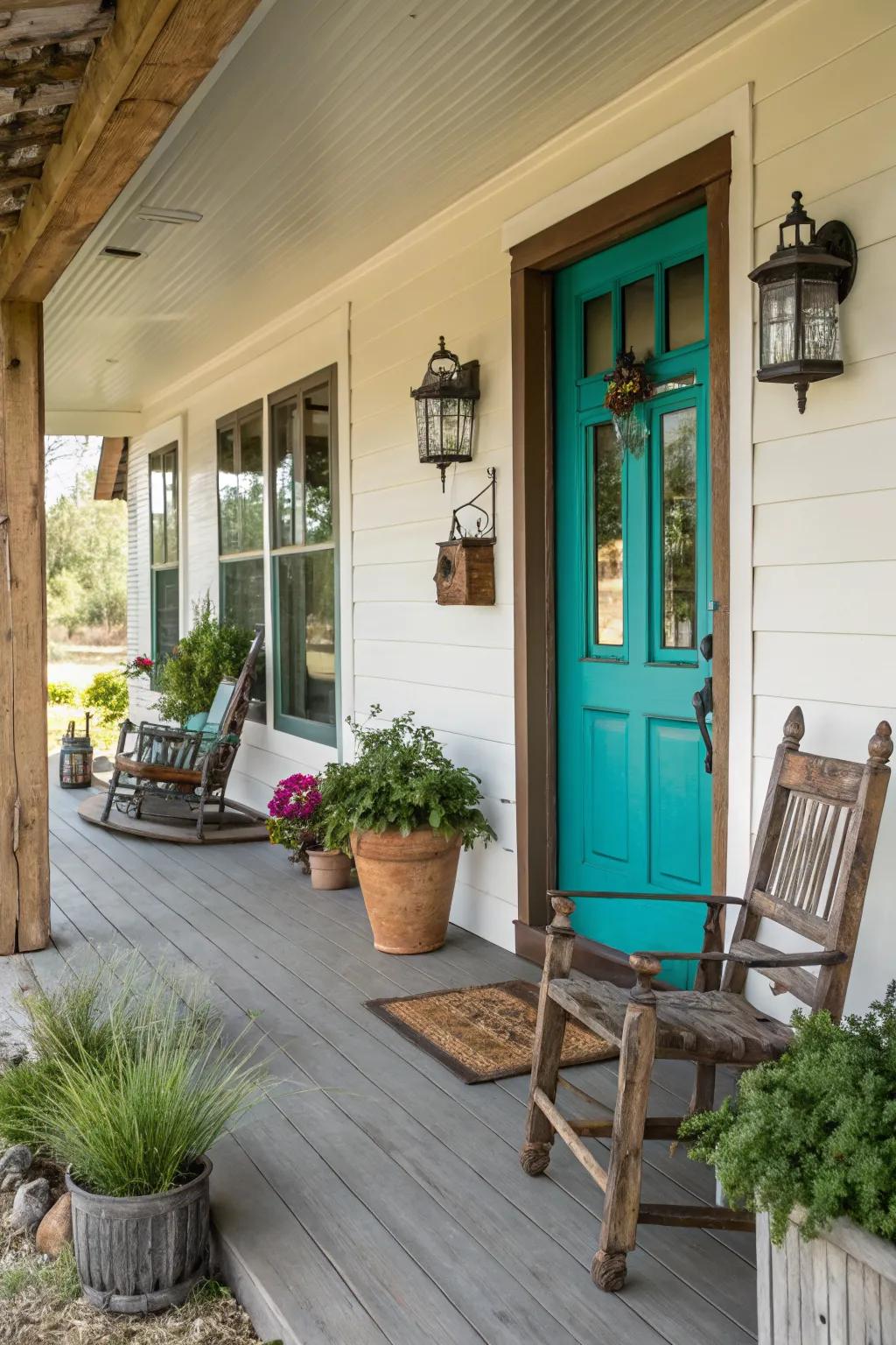 A bold teal front door adds a striking focal point to the porch.