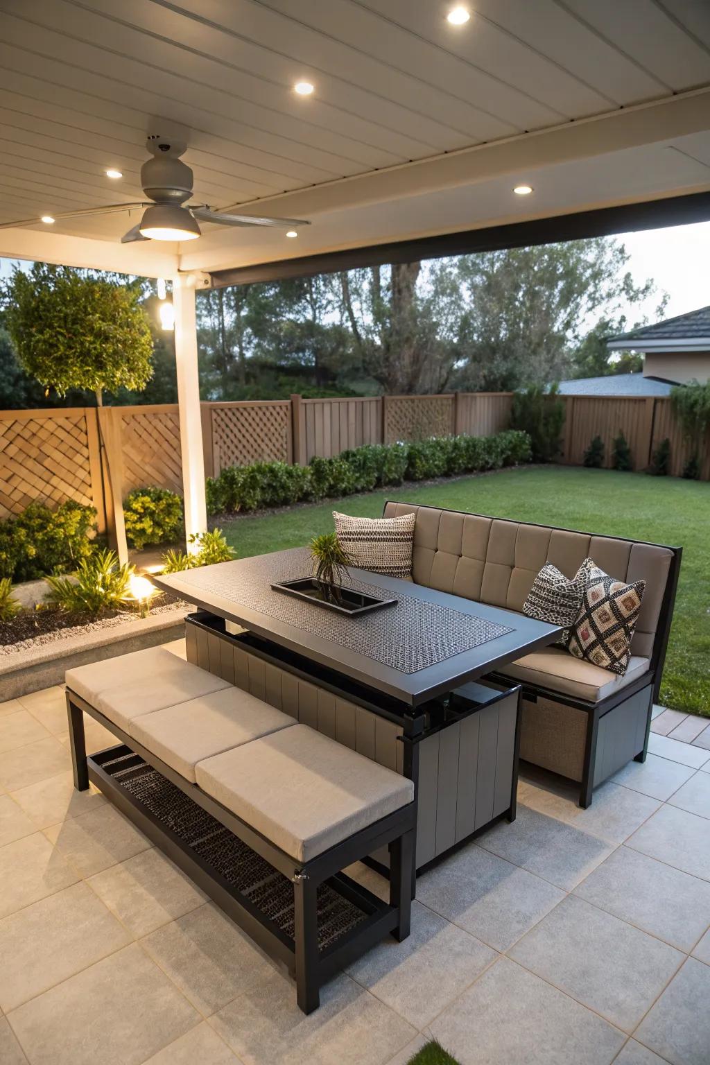 Multi-functional furniture maximizes space on this patio.