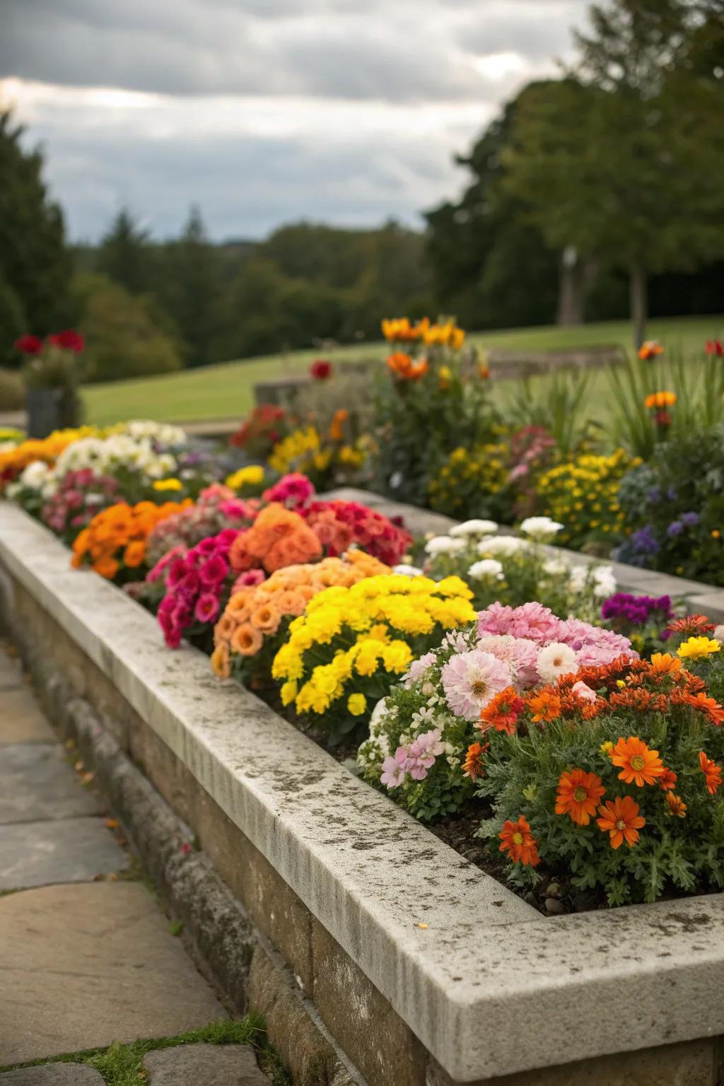 A dynamic rectangular flower bed, with flowers rotating through the seasons.