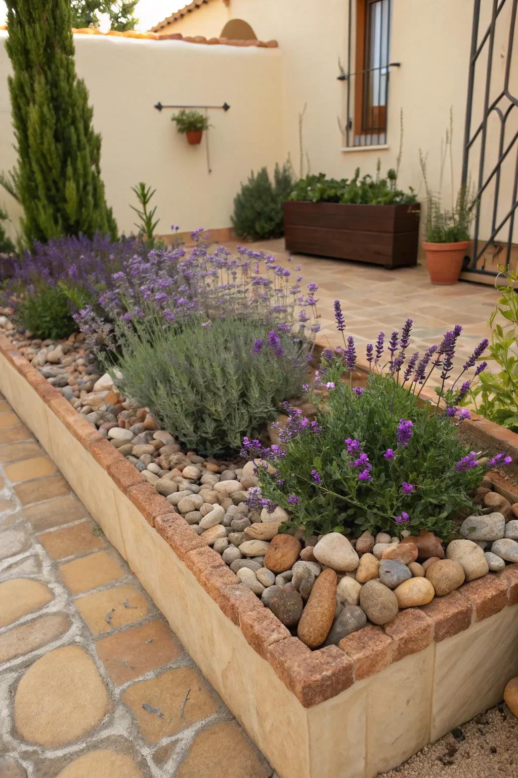A Mediterranean-inspired flower bed with warm stones and fragrant plants.