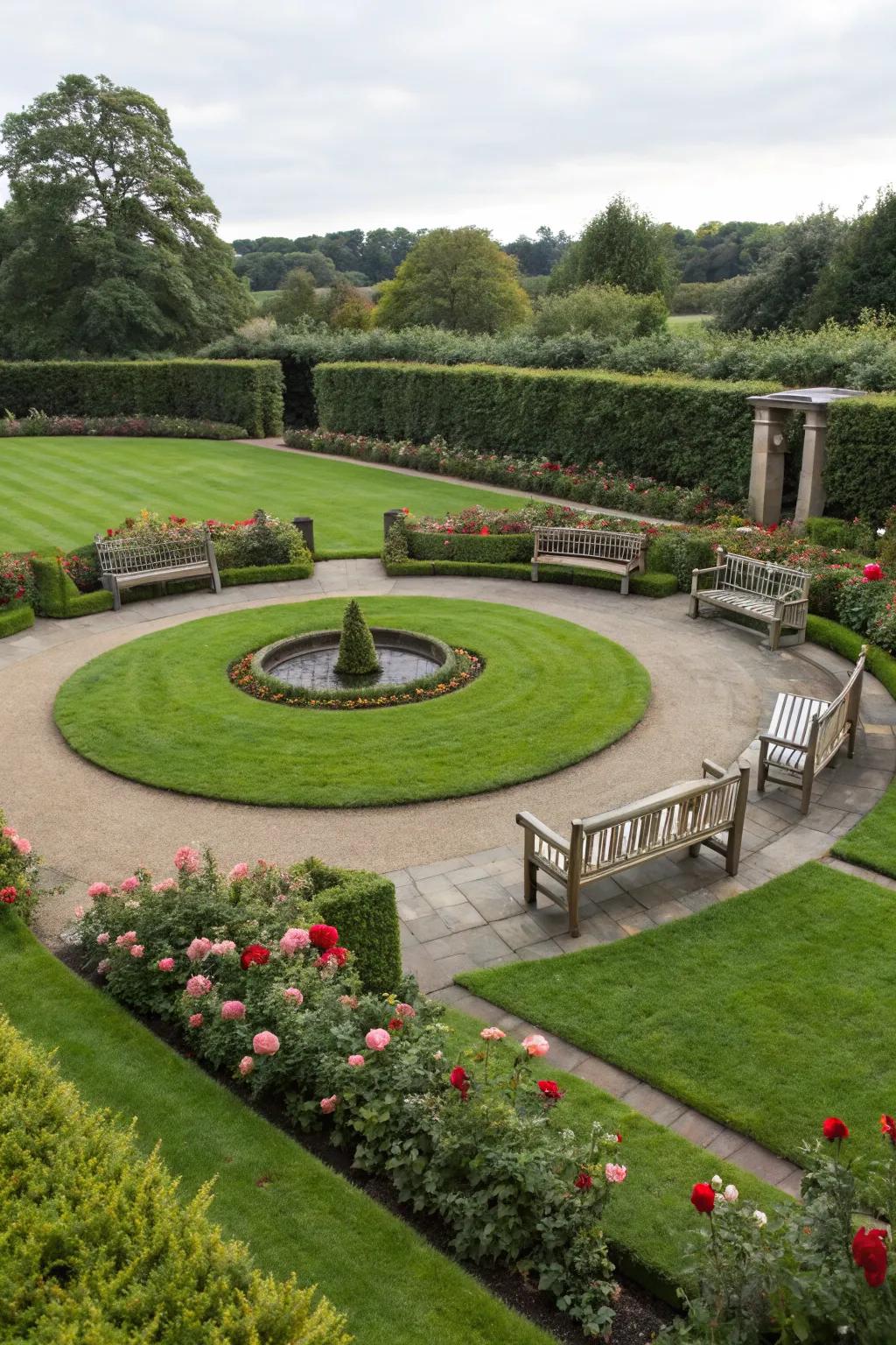 Curved elements soften the lines of a rectangular garden