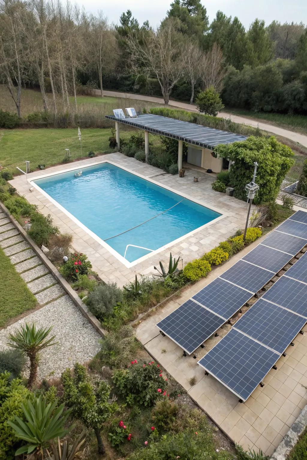 A rectangular pool equipped with solar panels for eco-friendly energy