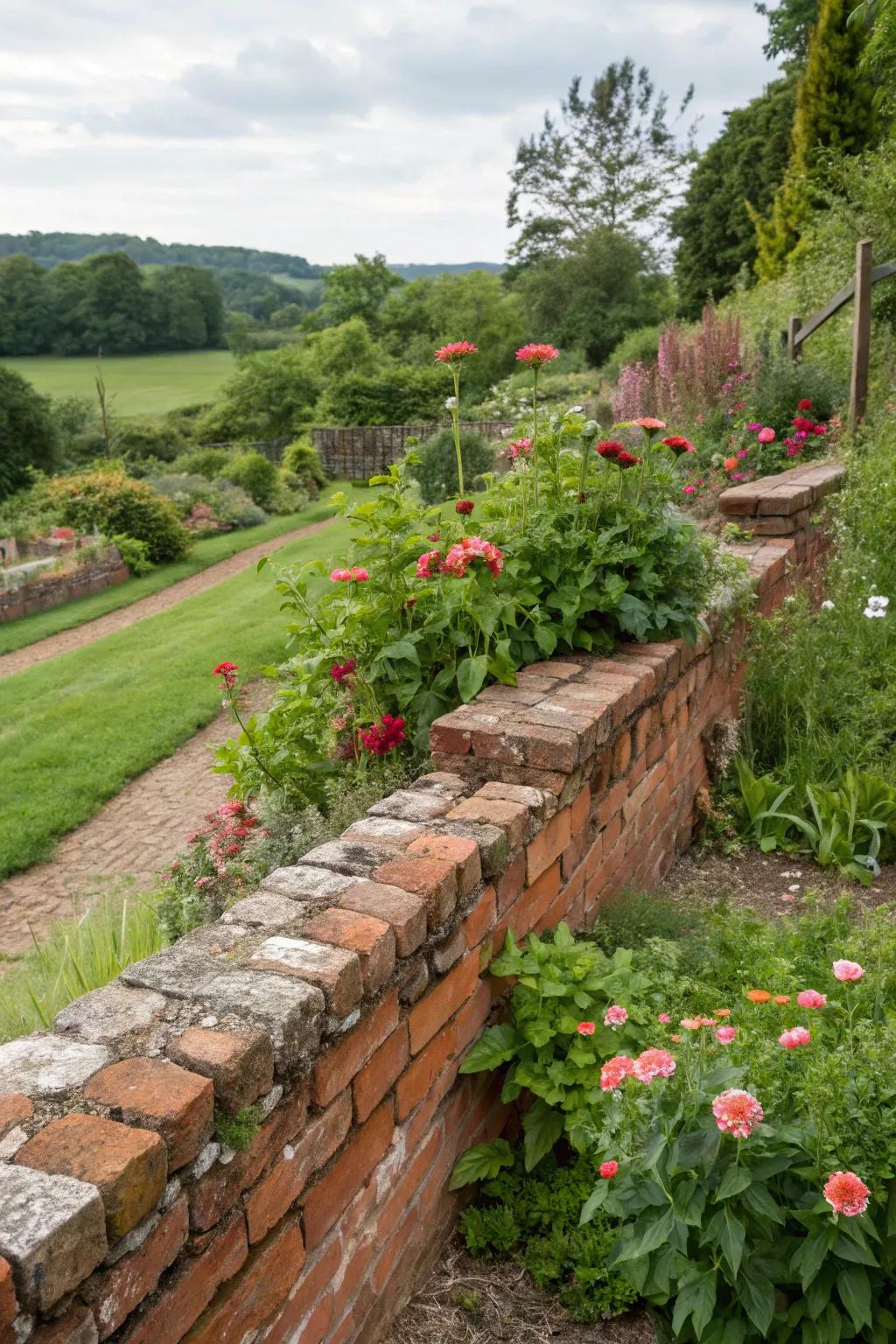Rustic charm with a retaining wall of reclaimed red bricks.