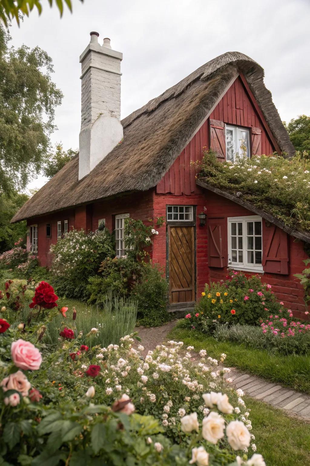 Fairytale charm with a cozy red cottage.