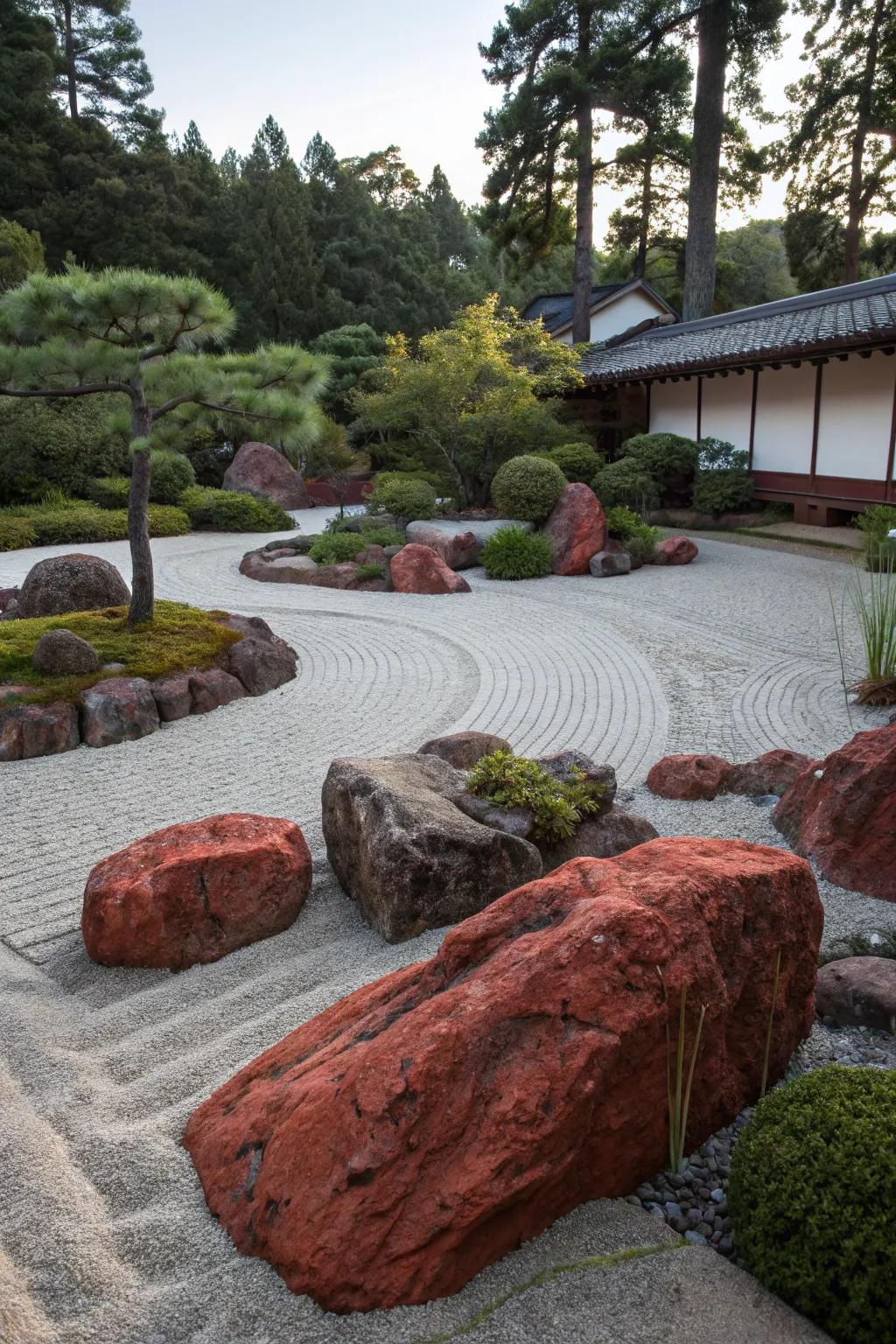 A Zen garden with red rocks provides a serene retreat.