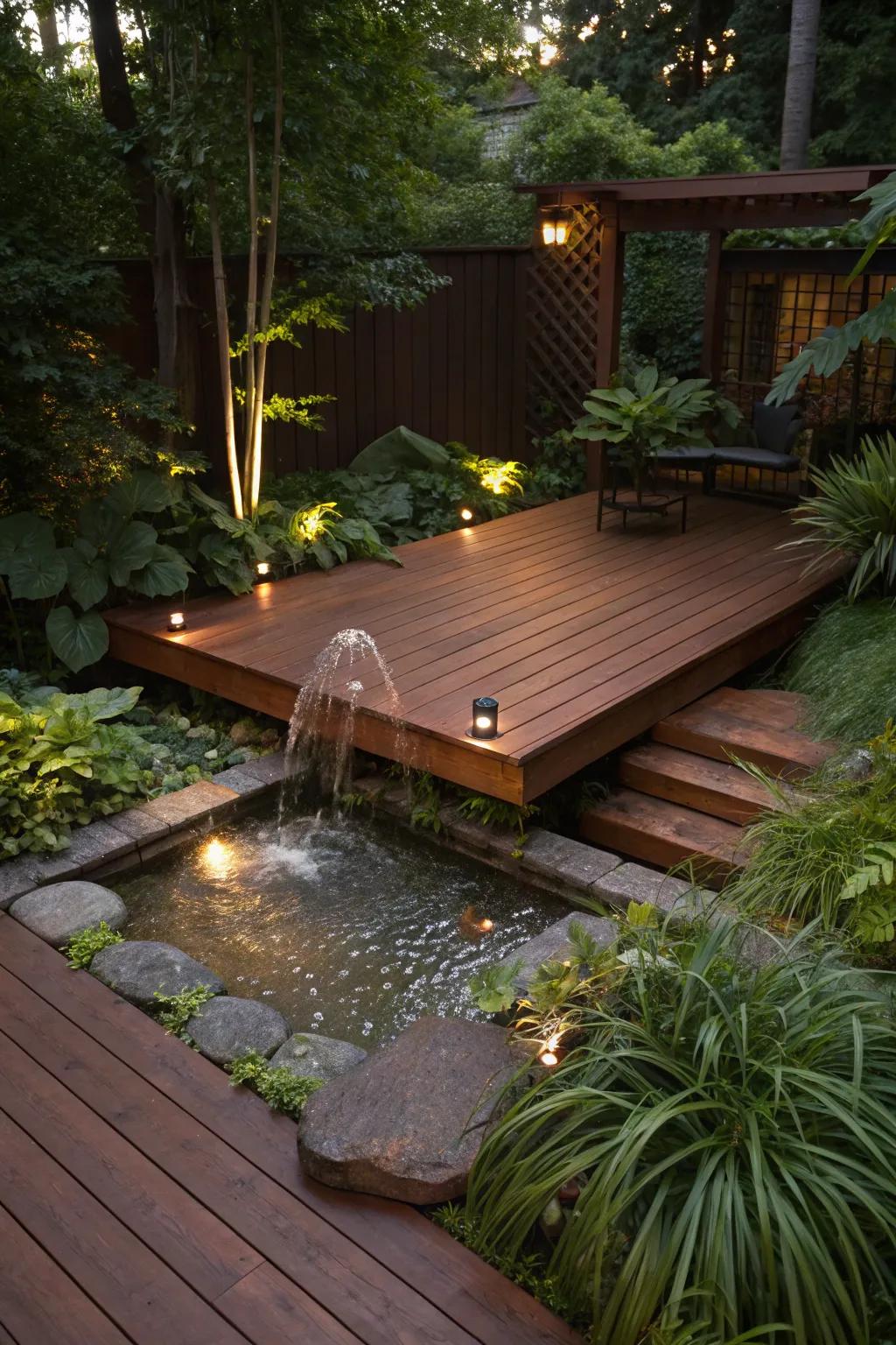 A water feature brings tranquility to your deck.